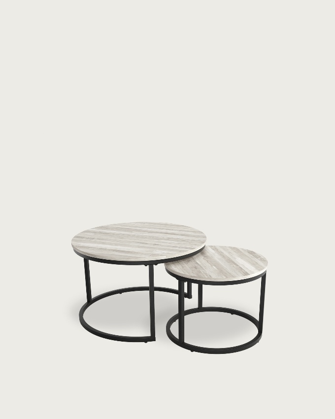 Set of 2 round side tables Huron with artic melamine top and black metal structure Ø 70 cm / Ø 50 cm