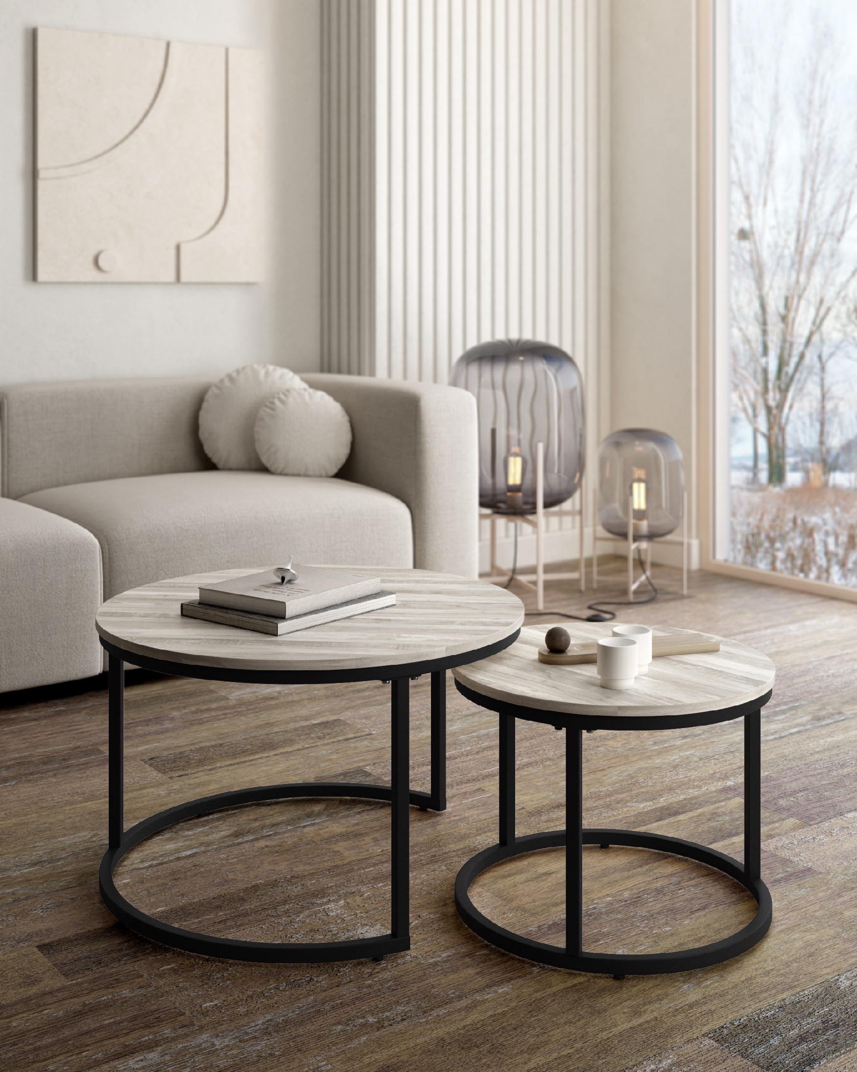 Set of 2 round side tables Huron with artic melamine top and black metal structure Ø 70 cm / Ø 50 cm