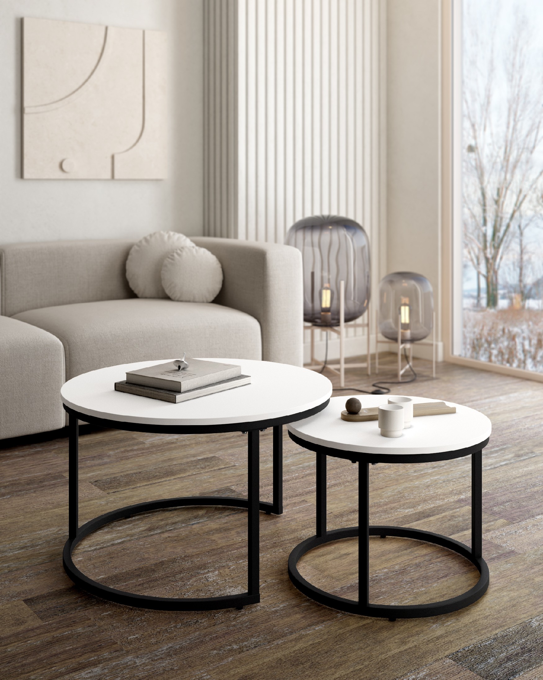 Set of 2 round side tables Huron with extra white melamine top and black metal structure Ø 70 cm / Ø 50 cm