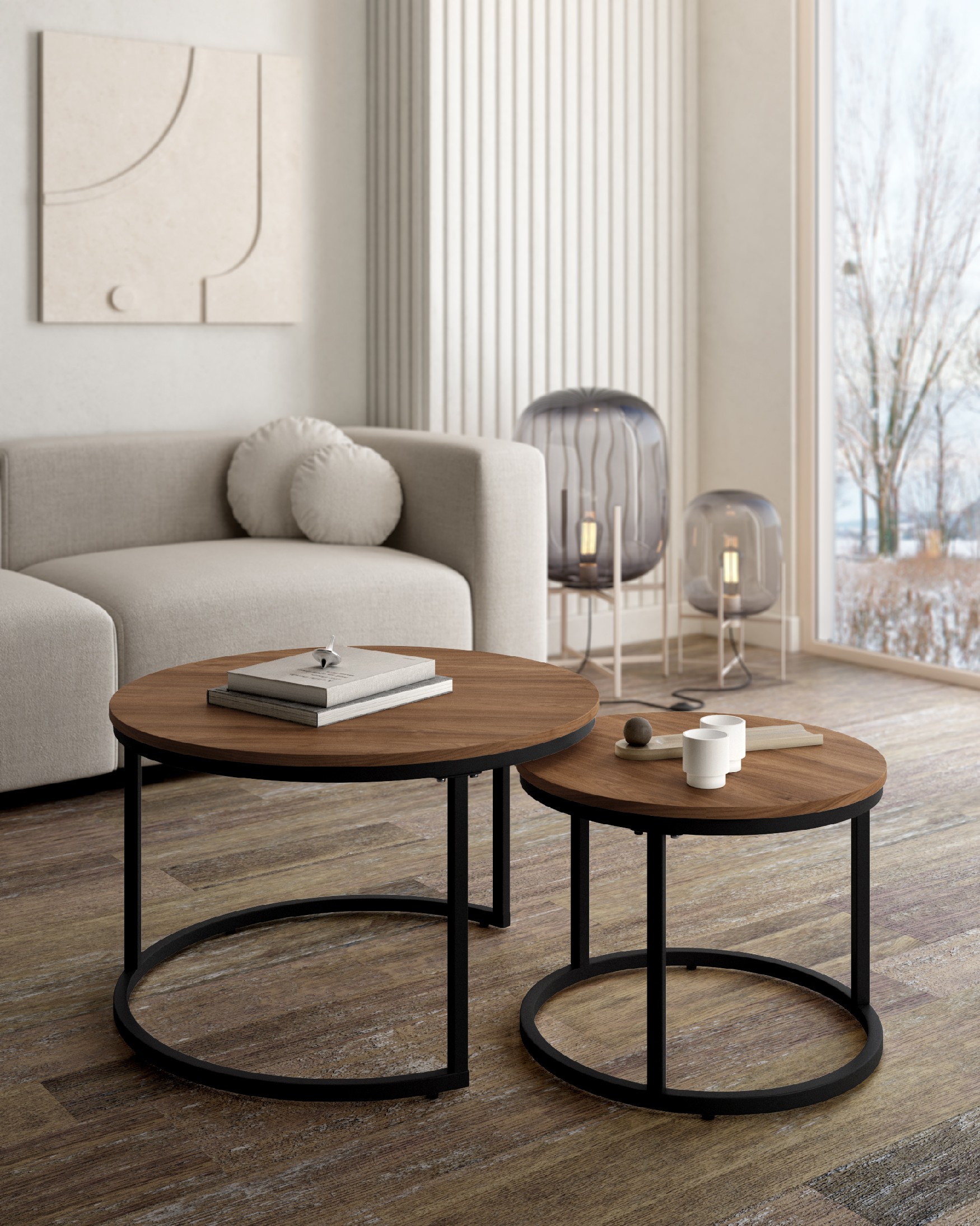 Set of 2 round side tables Huron with java melamine top and black metal structure Ø 70 cm / Ø 50 cm