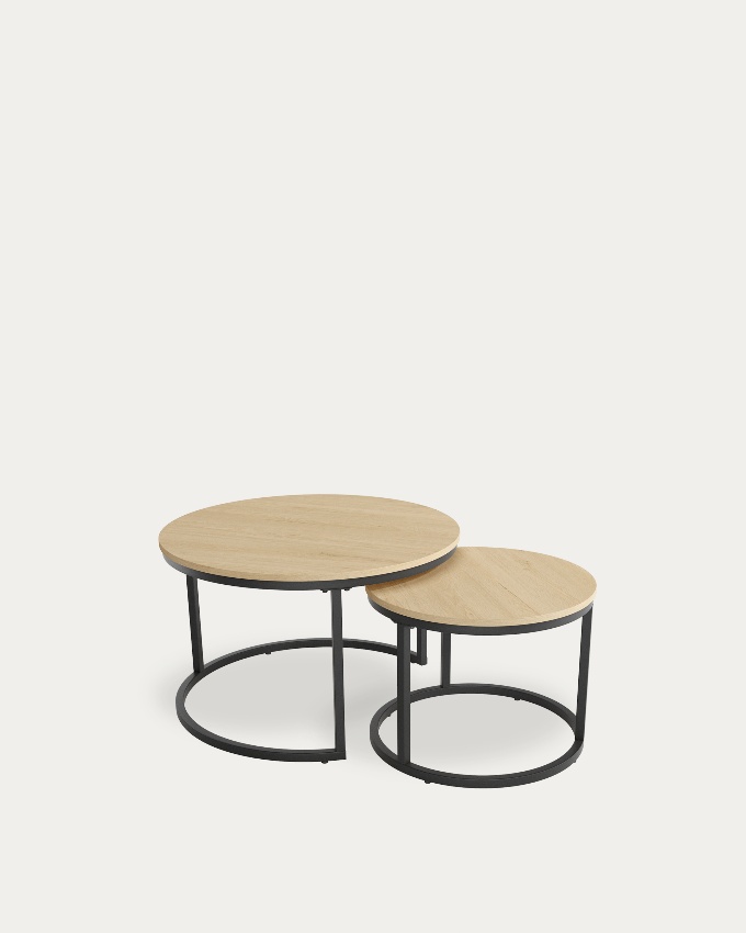 Jeu de 2 tables d'appoint rondes Huron avec plateau en mélamine chêne naturel et structure métallique noire Ø 70 cm / Ø 50 cm