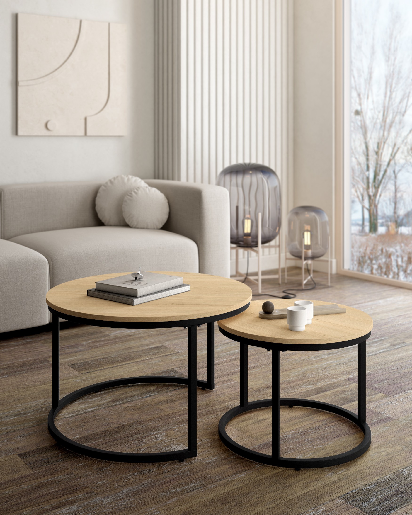 Set of 2 round Huron side tables with natural oak melamine top and black metal structure Ø 70 cm / Ø 50 cm