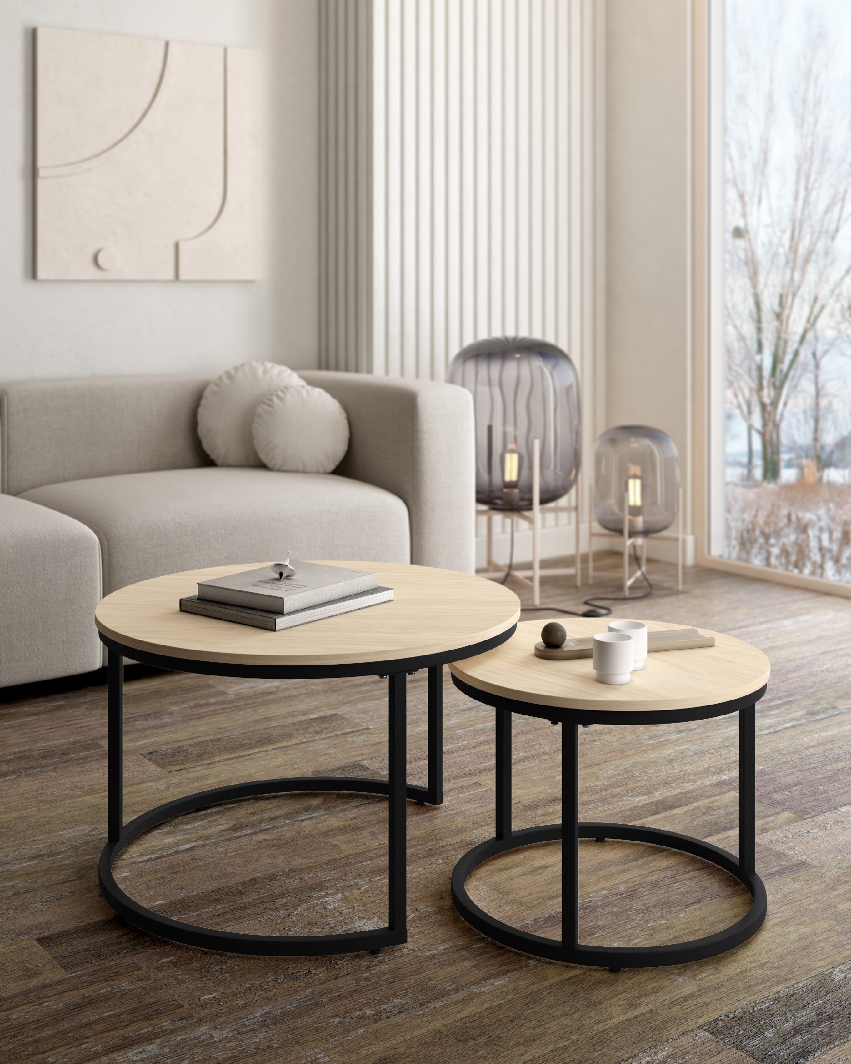 Set of 2 round side tables Huron with alpine melamine top and black metal structure Ø 70 cm / Ø 50 cm