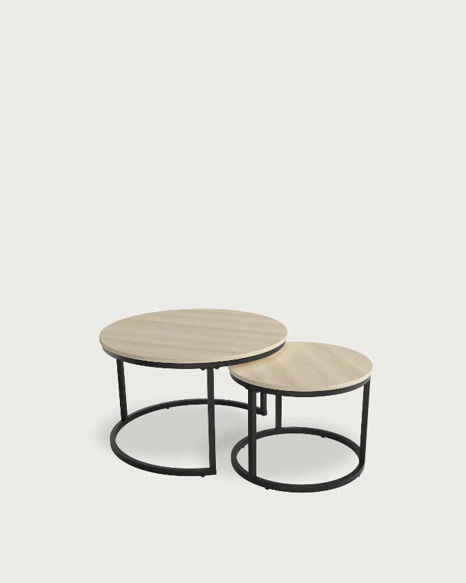 Jeu de 2 tables d'appoint rondes Huron avec plateau en mélamine chêne et structure métallique noire Ø 70 cm / Ø 50 cm