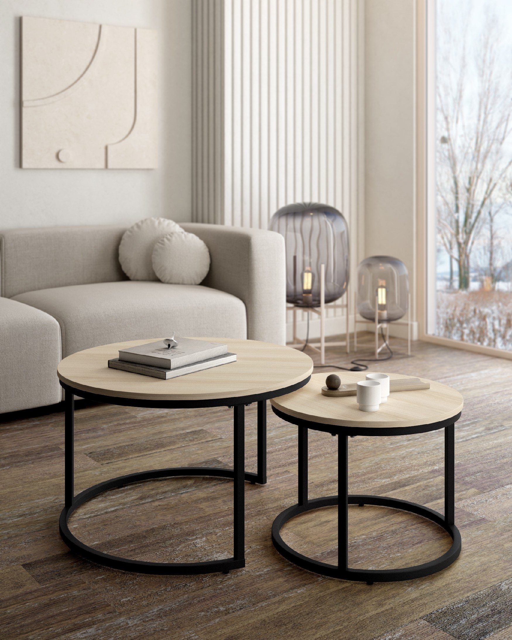 Jeu de 2 tables d'appoint rondes Huron avec plateau en mélamine chêne et structure métallique noire Ø 70 cm / Ø 50 cm