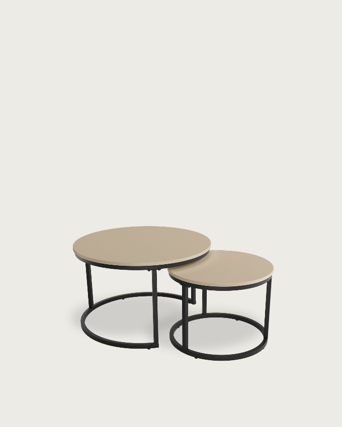 Jeu de 2 tables d'appoint rondes Huron avec plateau en mélamine perle et structure métallique noire Ø 70 cm / Ø 50 cm