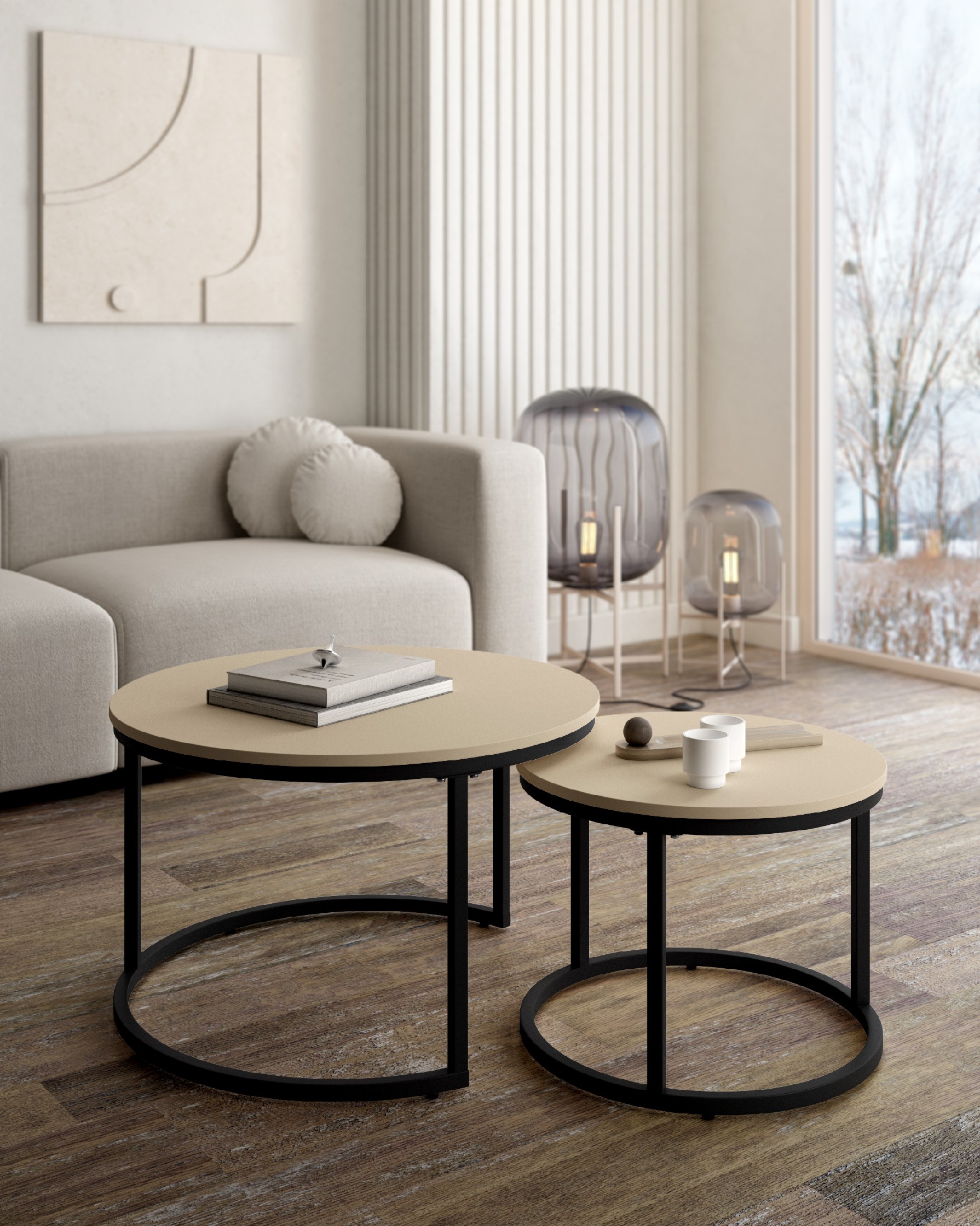 Set of 2 round side tables Huron with pearl melamine top and black metal structure Ø 70 cm / Ø 50 cm