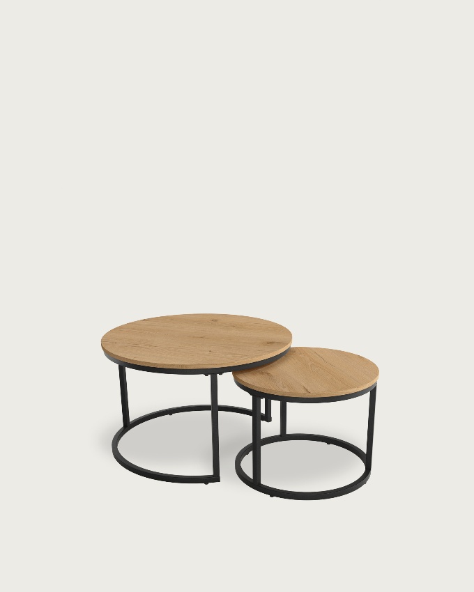 Jeu de 2 tables d'appoint rondes Huron avec plateau en mélamine chêne et structure métallique noire Ø 70 cm / Ø 50 cm