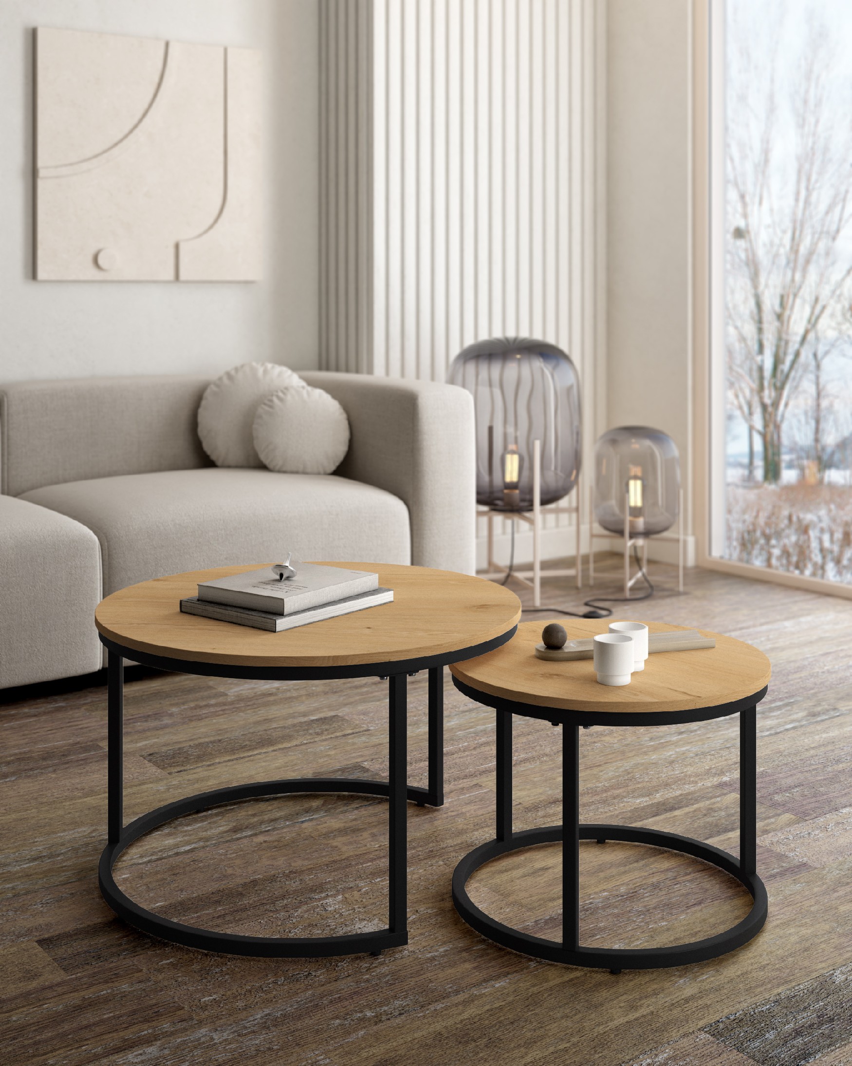 Set of 2 round side tables Huron with oak melamine top and black metal structure Ø 70 cm / Ø 50 cm