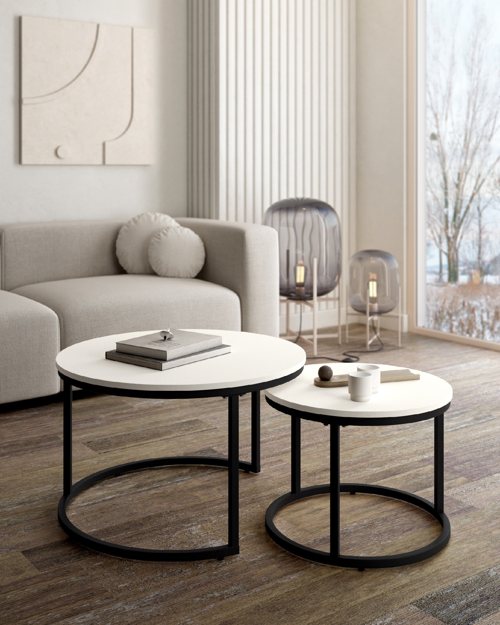 Set of 2 round Huron side tables with white soul melamine top and black metal structure Ø 70 cm / Ø 50 cm
