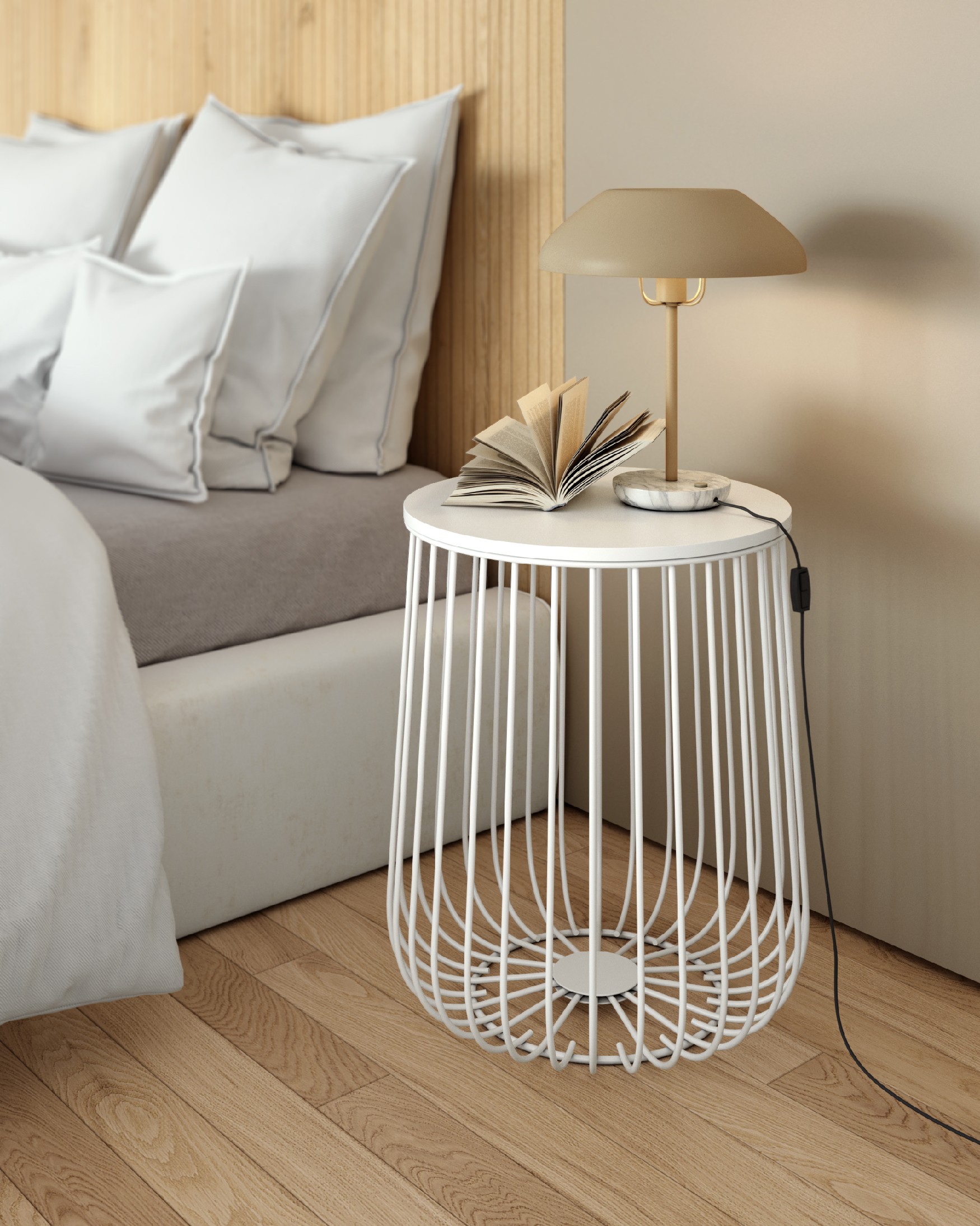 Indigo side table with white wood top and white metal frame Ø 35 cm