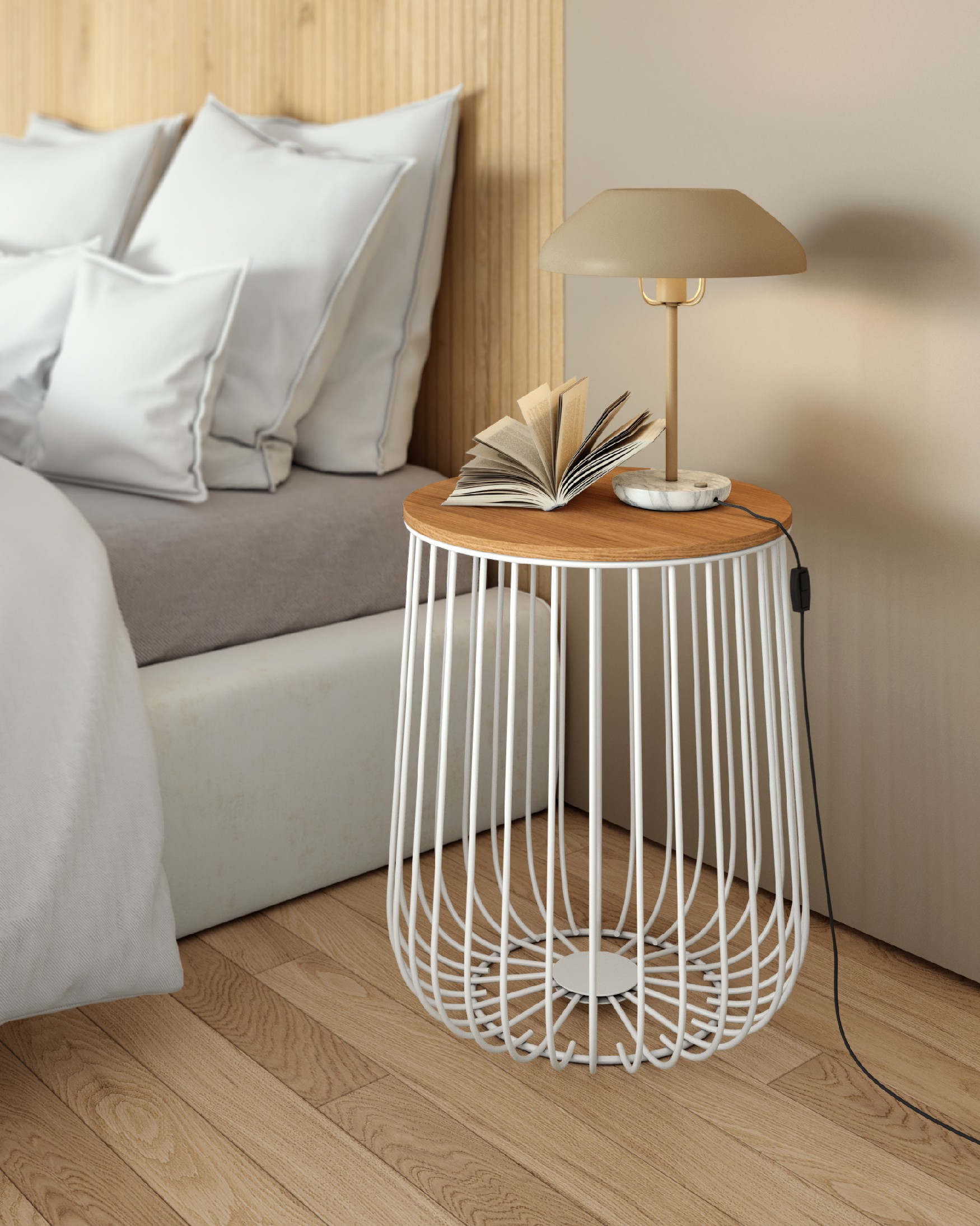 Mesa auxiliar Índico con sobre roble natural y estructura metálica blanca Ø 35 cm