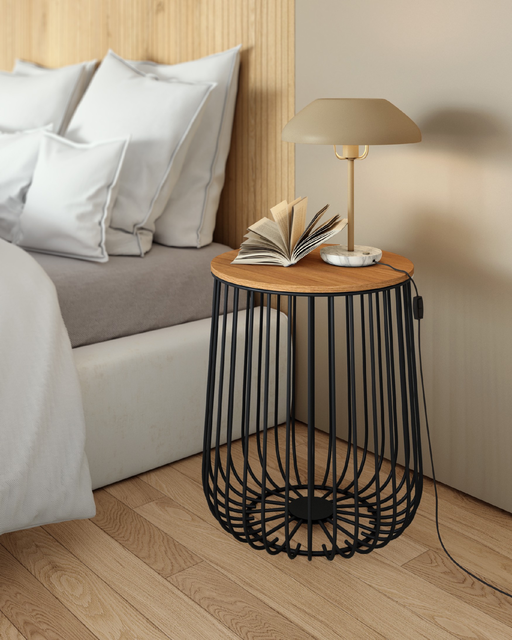 Table d'appoint Indique avec plateau en chêne naturel et structure métallique noire Ø 35 cm