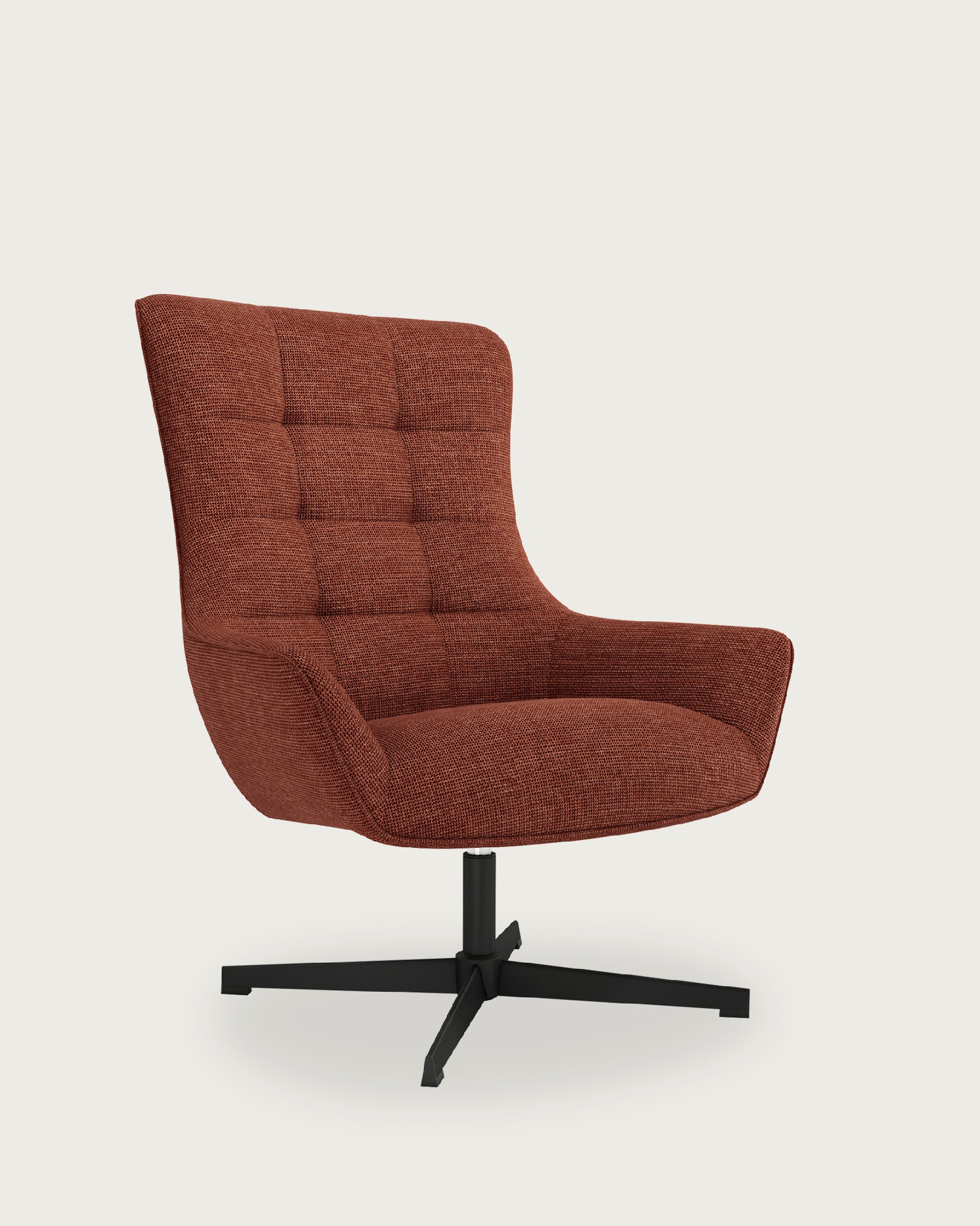 Iris swivel armchair with terracotta upholstery and black metal legs