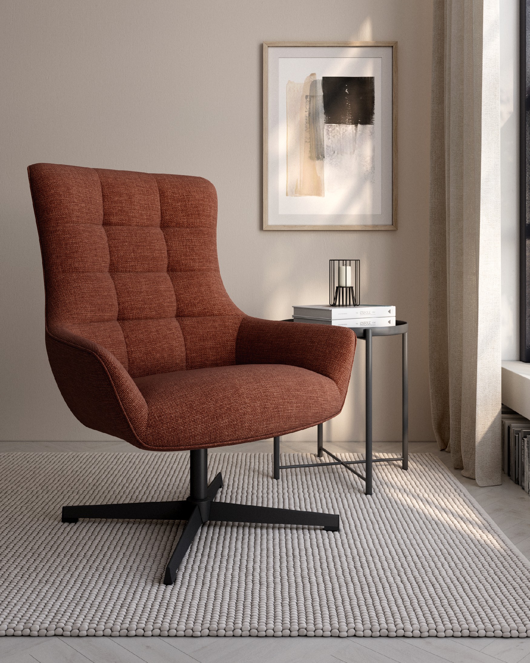 Iris swivel armchair with terracotta upholstery and black metal legs