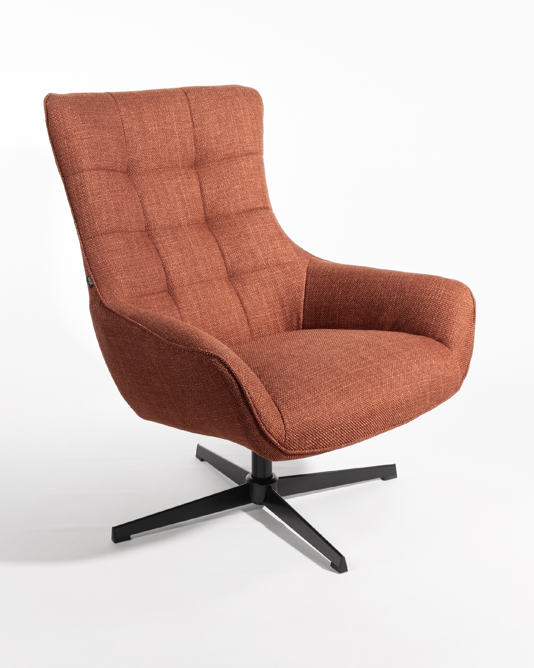 Iris swivel armchair with terracotta upholstery and black metal legs