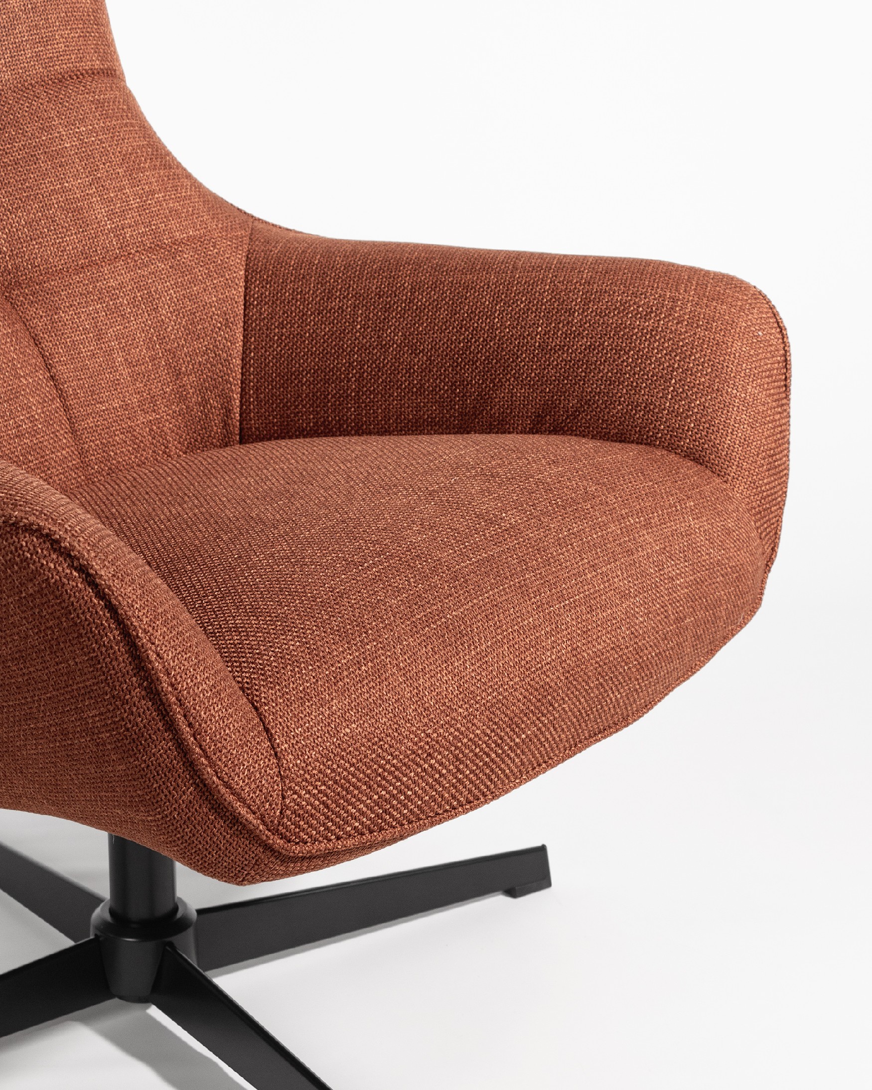 Iris swivel armchair with terracotta upholstery and black metal legs