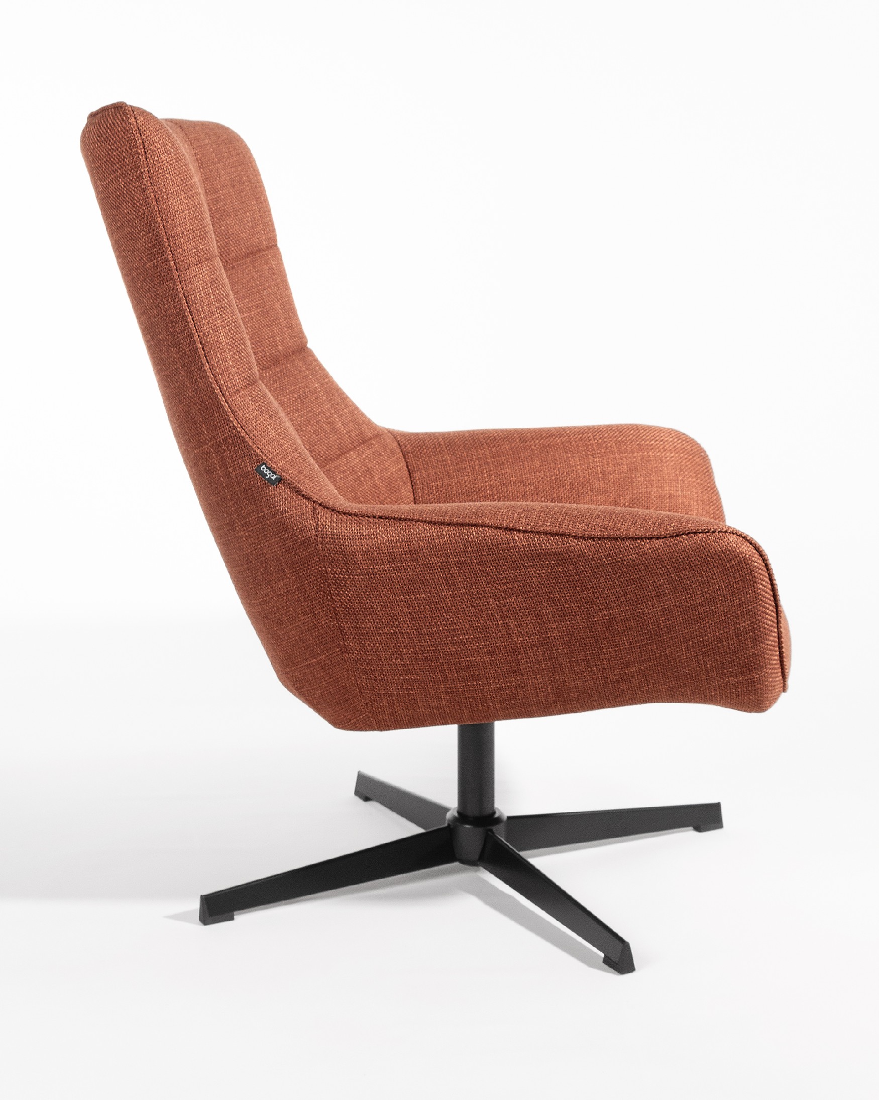 Iris swivel armchair with terracotta upholstery and black metal legs