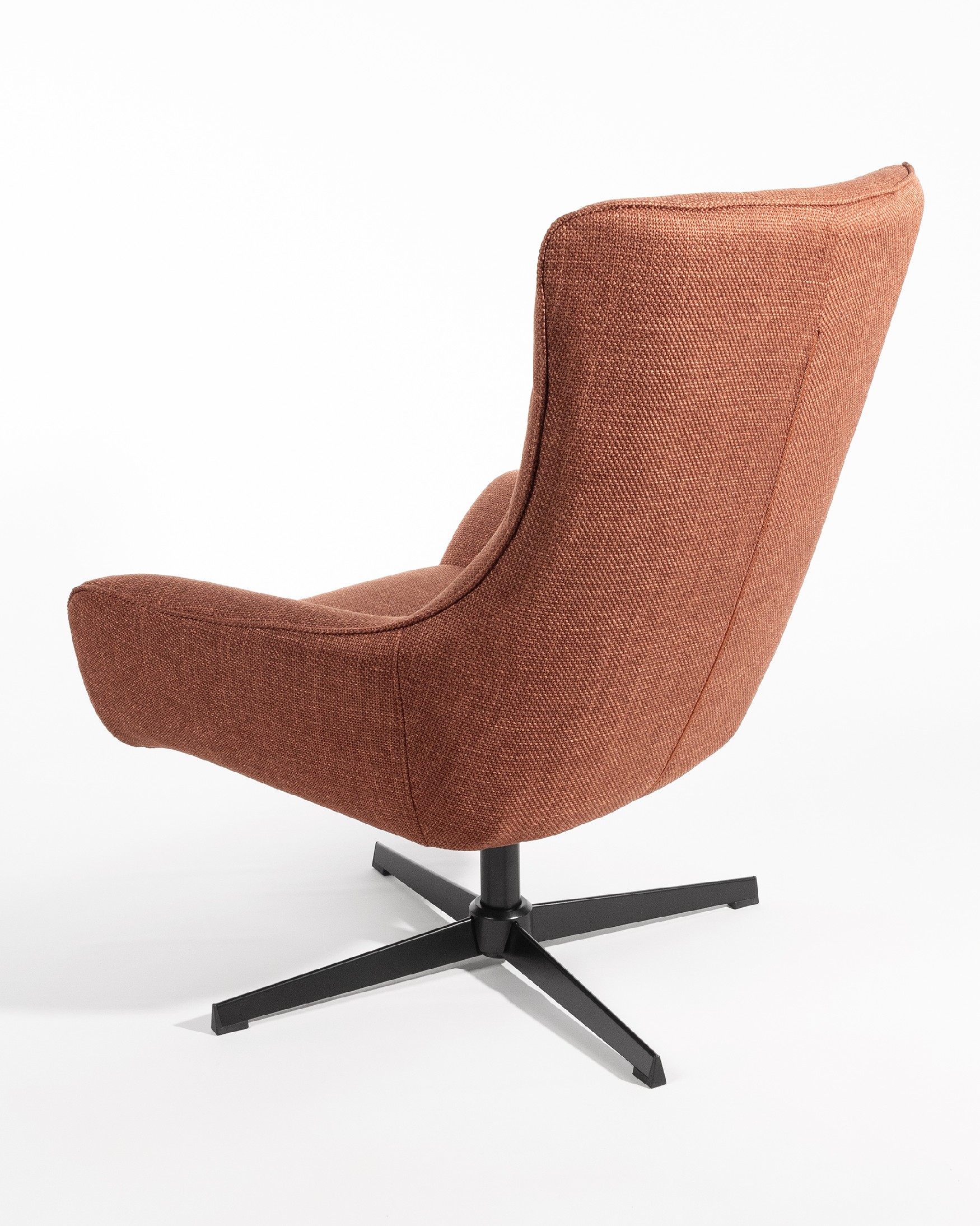 Iris swivel armchair with terracotta upholstery and black metal legs