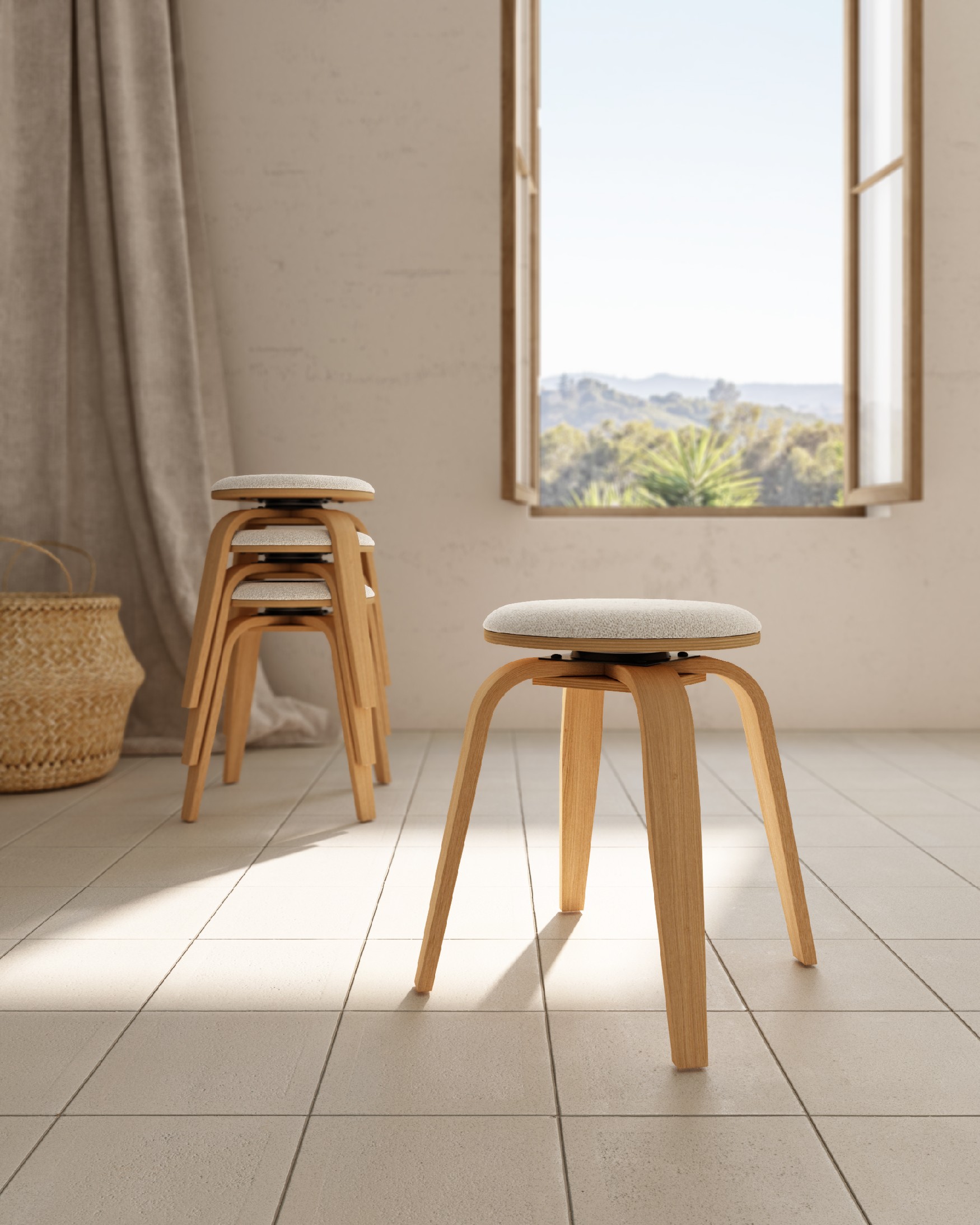 Tabouret bas Jaco en bois pivotant Jaco avec tapisserie sable