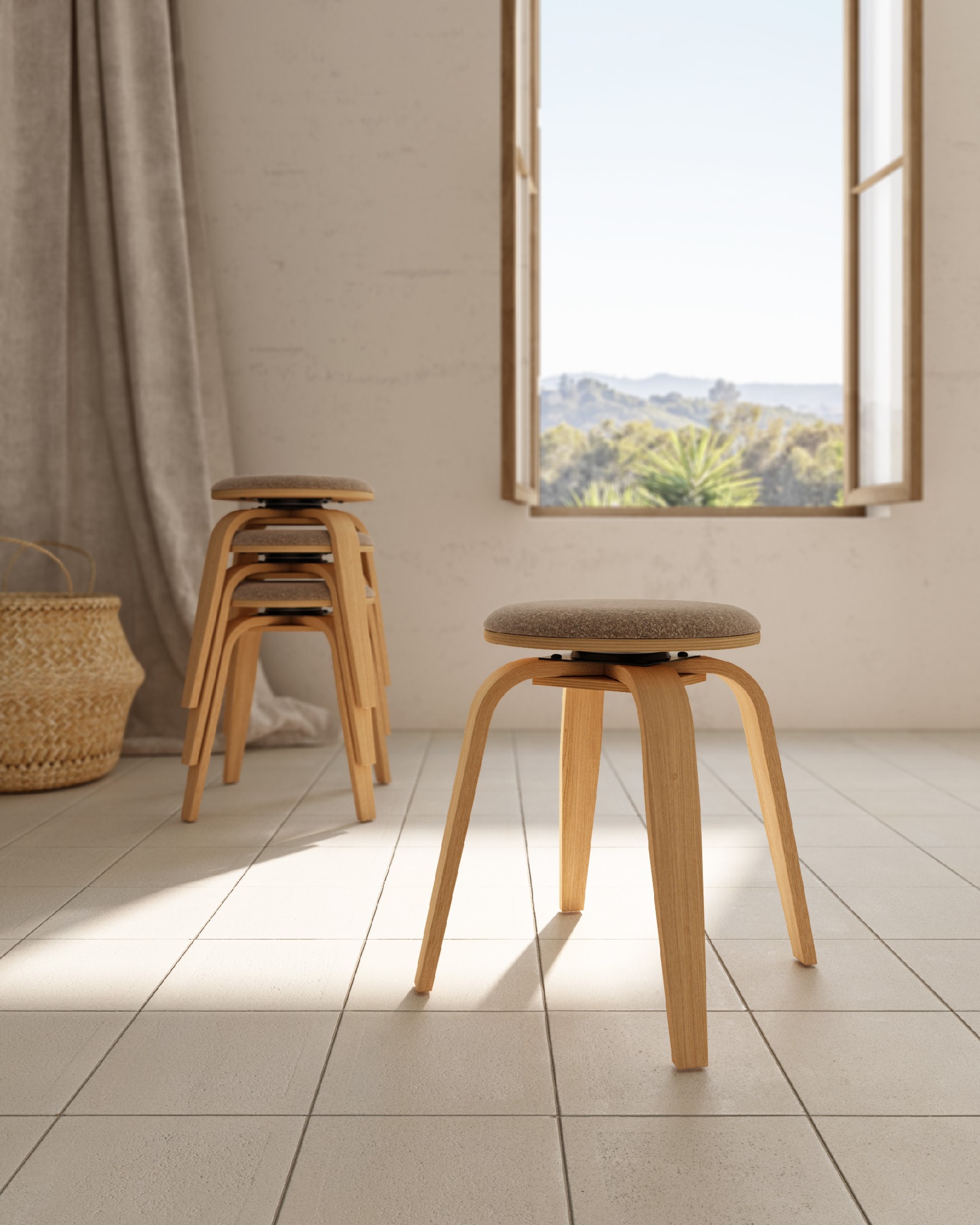 Low stool Jaco of wood swivel Jaco with brown upholstery