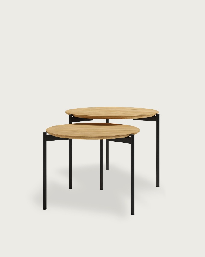 Set of 2 round Java tables with natural oak and black metal structure Ø 60 cm / Ø 50 cm