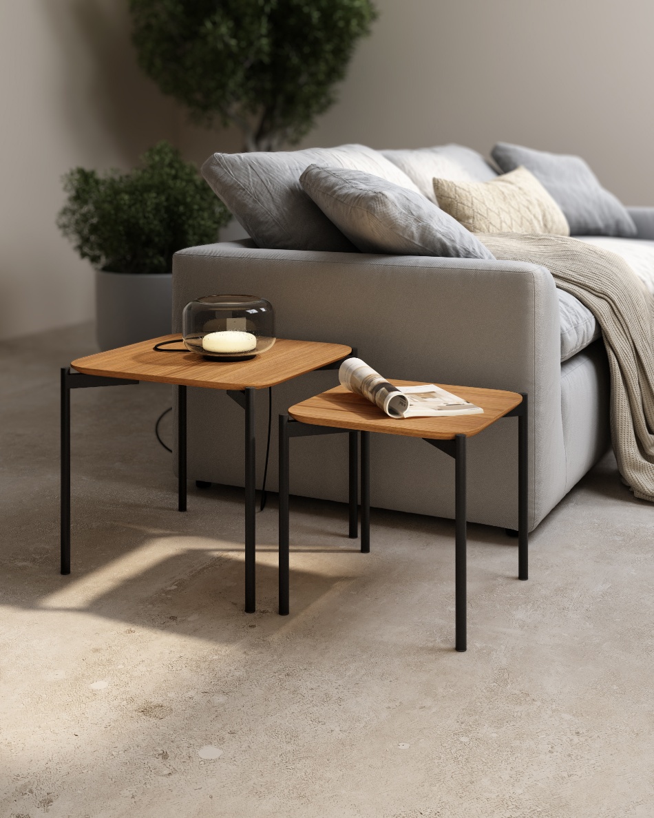 Beautiful Java Table Design Jeu de 2 tables carrées Java finition chêne naturel et structure ...