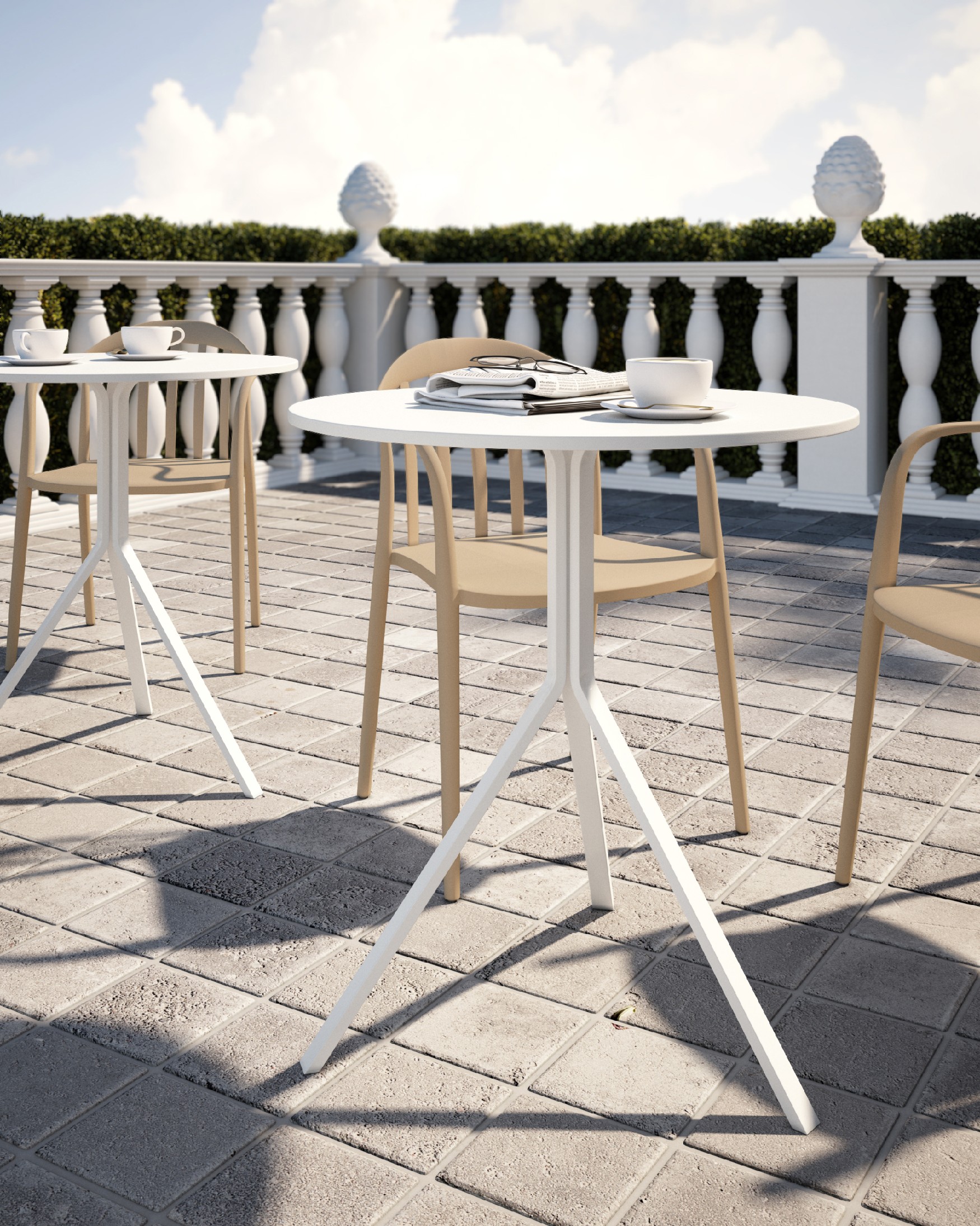 Table Jonico rond à l'extérieur avec plateau en polypropylène et pieds en métal blanc Ø 70 cm