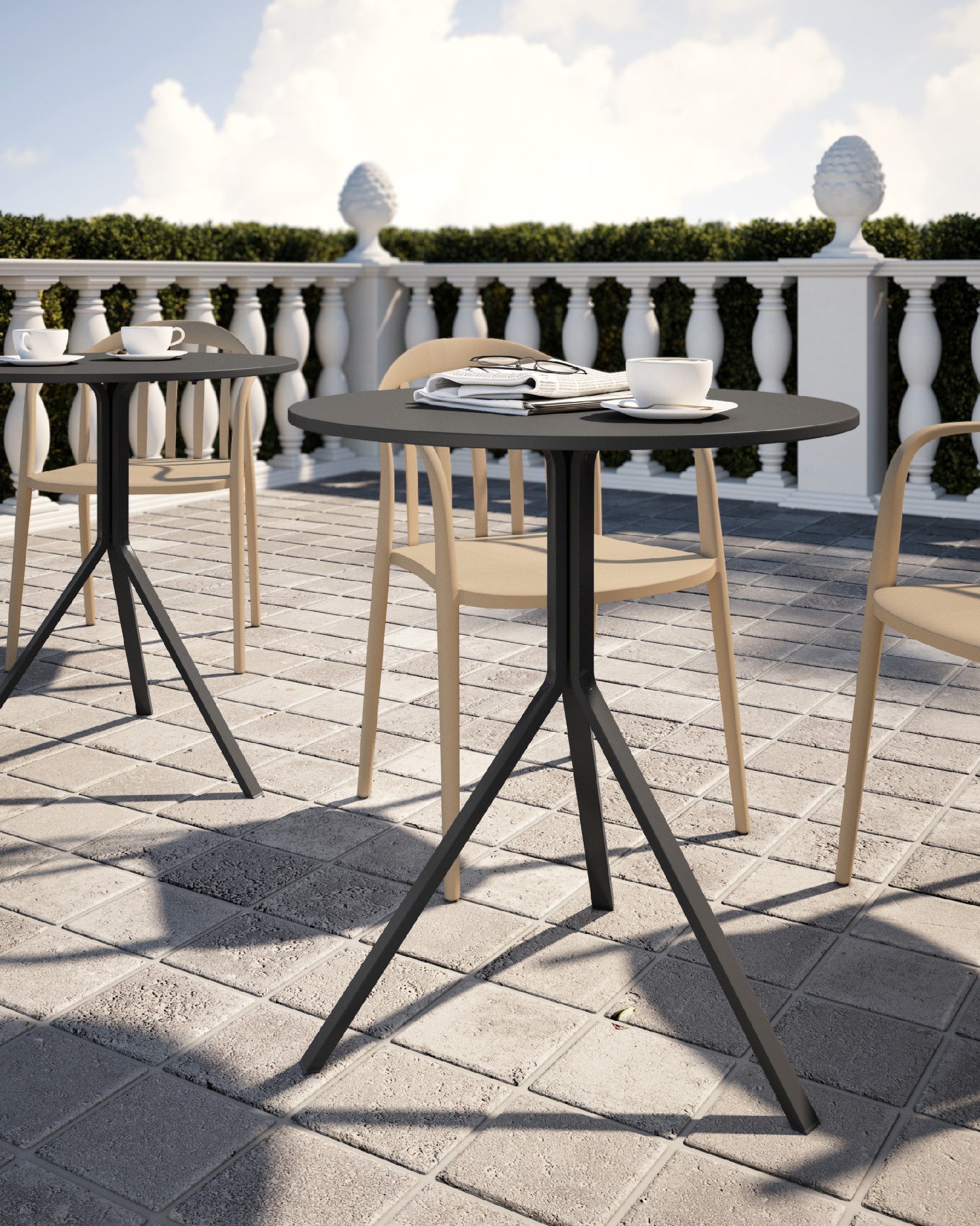 Round Jonico outdoor table with polypropylene top and graphite metal legs Ø 70 cm