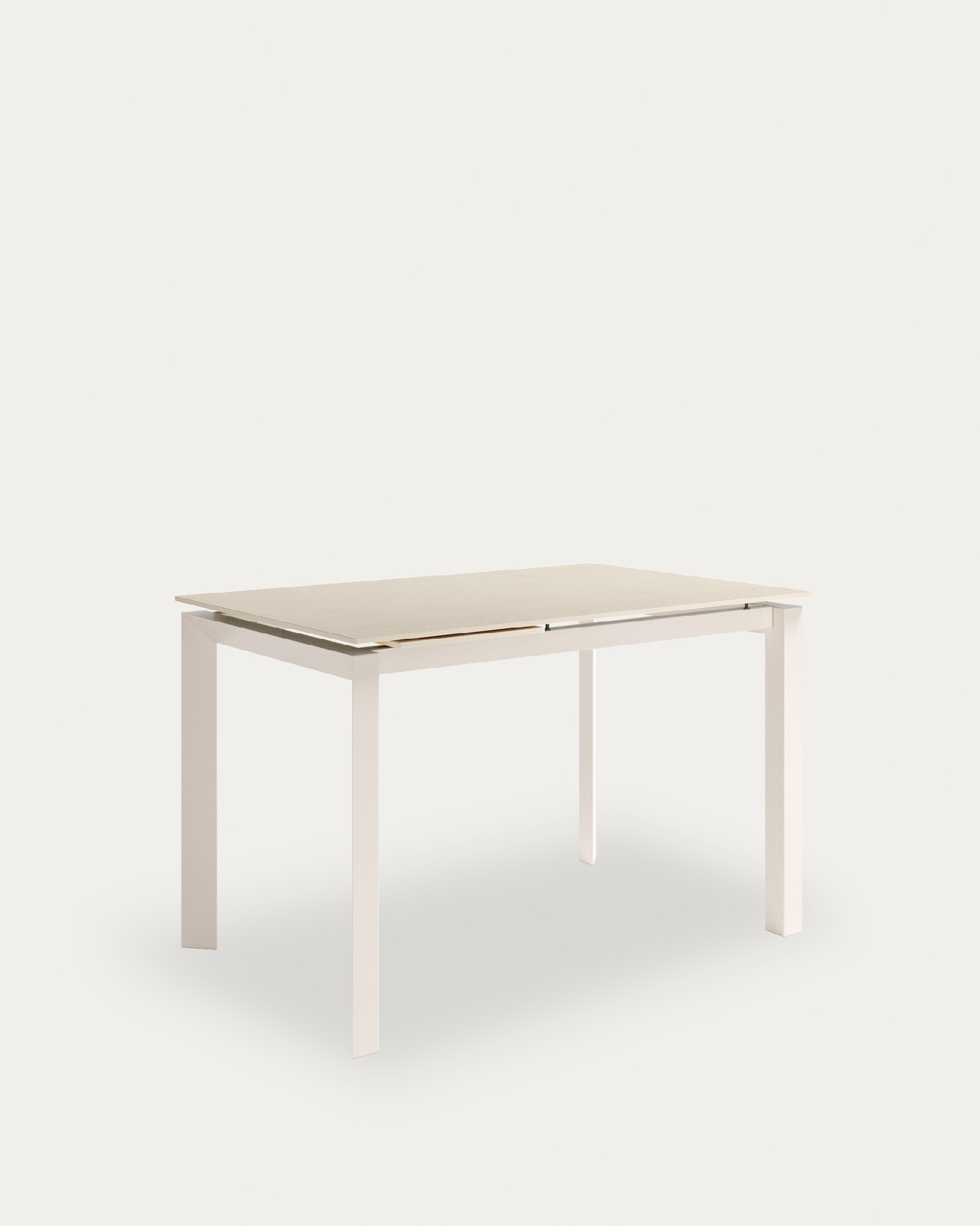 Table Júcar extensible avec finition porcelaine sable et structure métallique ivoire 140-190 x 90 cm