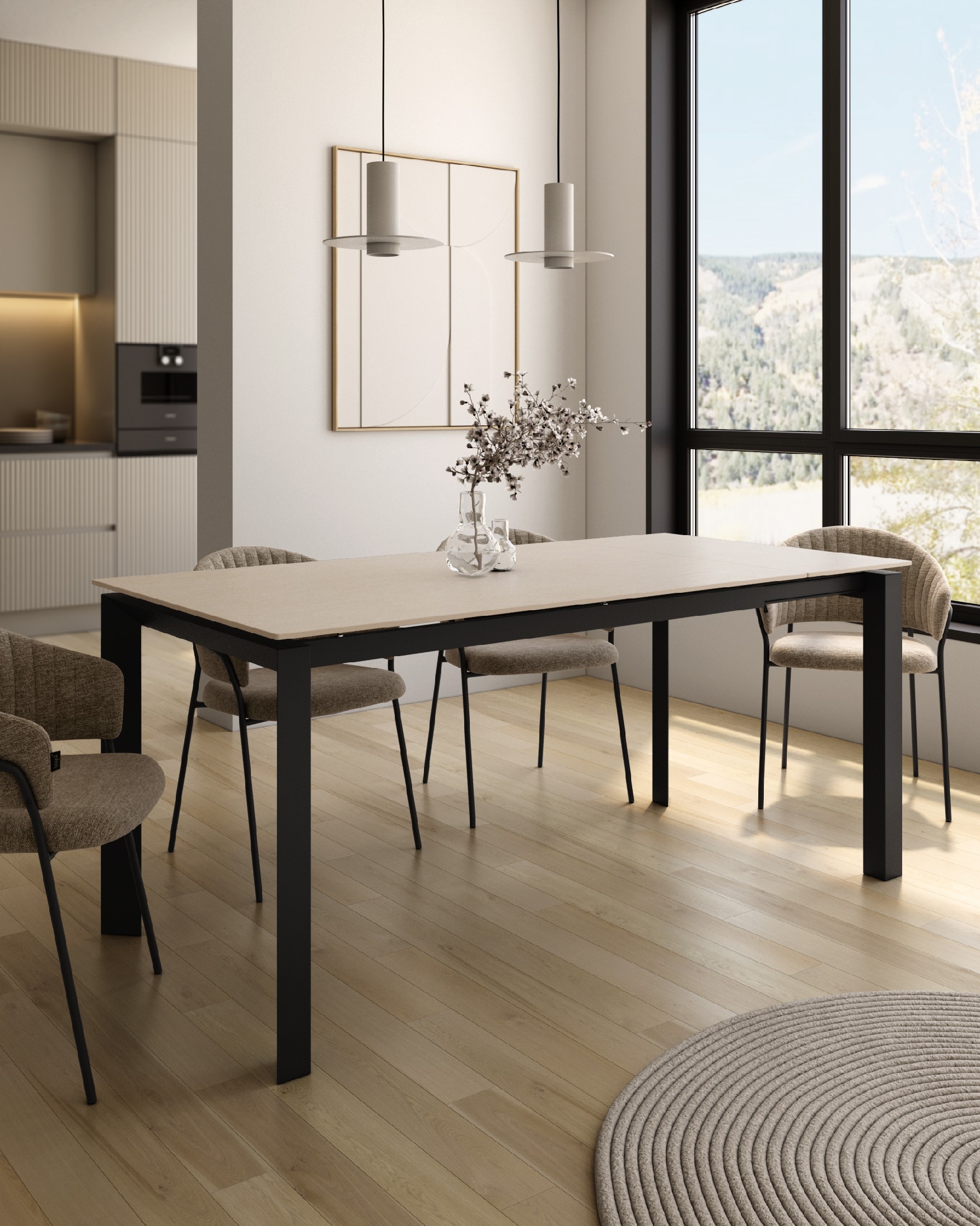 Table Júcar extensible avec finition porcelaine sable et structure métallique noire 140-190 x 90 cm
