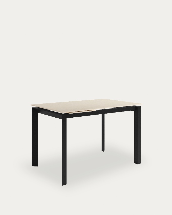 Mesa Júcar extensible con acabado porcelánico arena y estructura metálica negra 140-190 x 90 cm