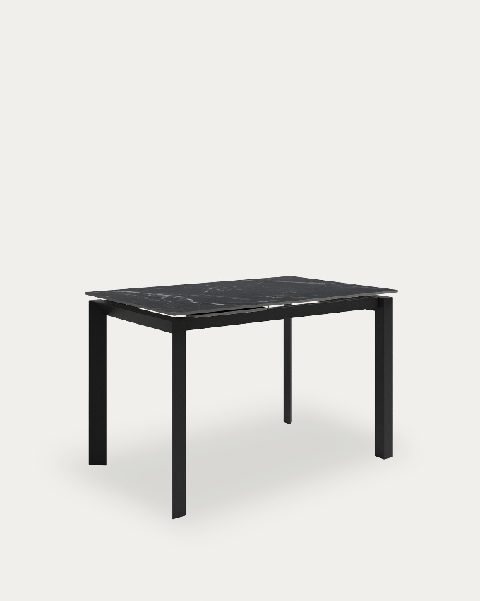Mesa Júcar extensible con acabado porcelánico Marquina y estructura metálica negra 140-190 x 90 cm