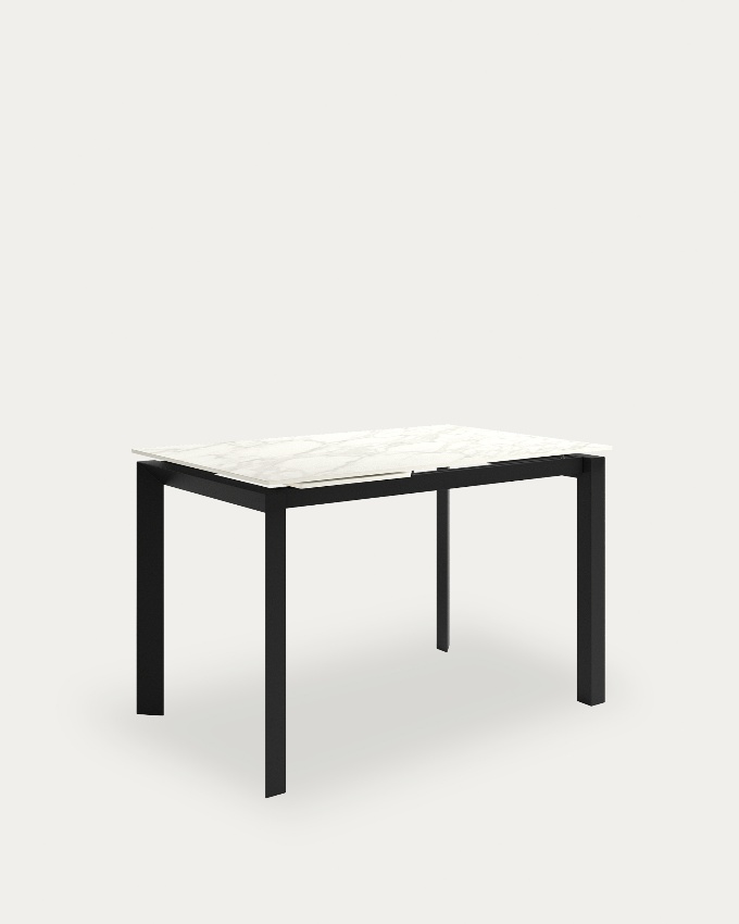 Mesa Júcar extensible con acabado porcelánico carrara y estructura metálica negra 140-190 x 90 cm