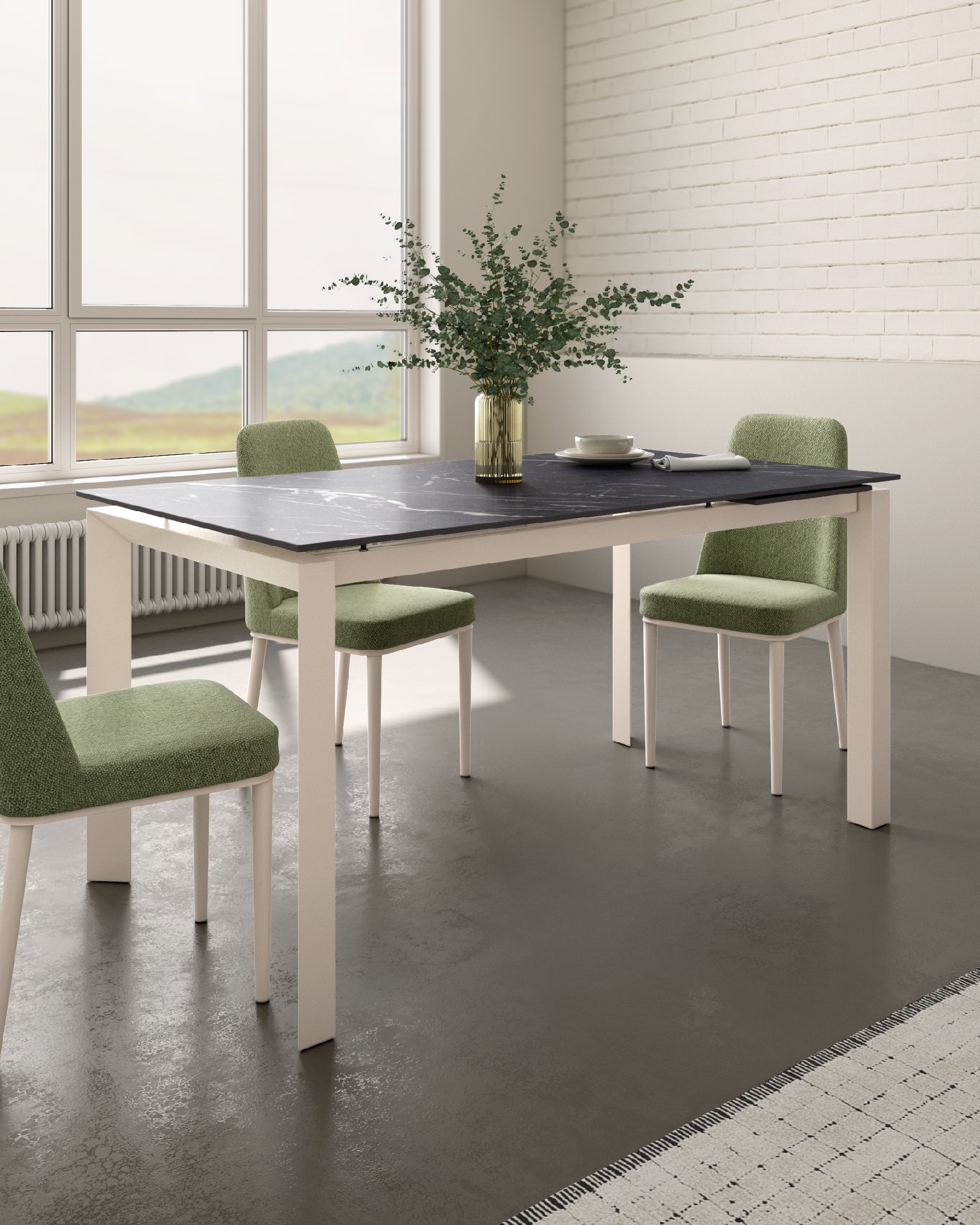 Table Júcar extensible avec finition porcelaine Marquina et structure métallique ivoire 160-210 x 90 cm
