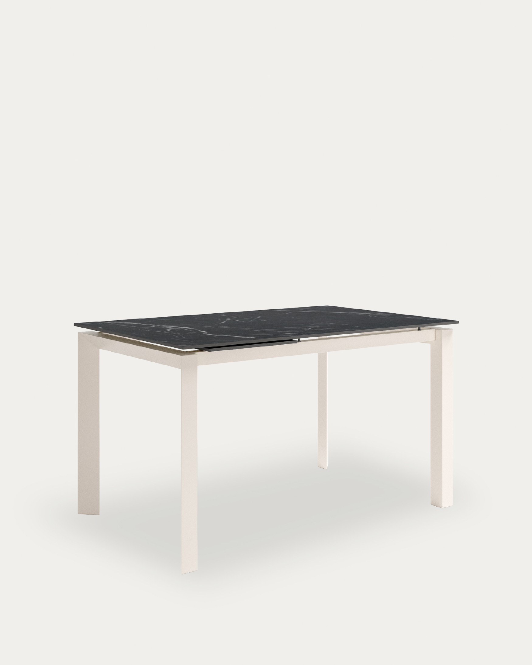 Table Júcar extensible avec finition porcelaine Marquina et structure métallique ivoire 160-210 x 90 cm