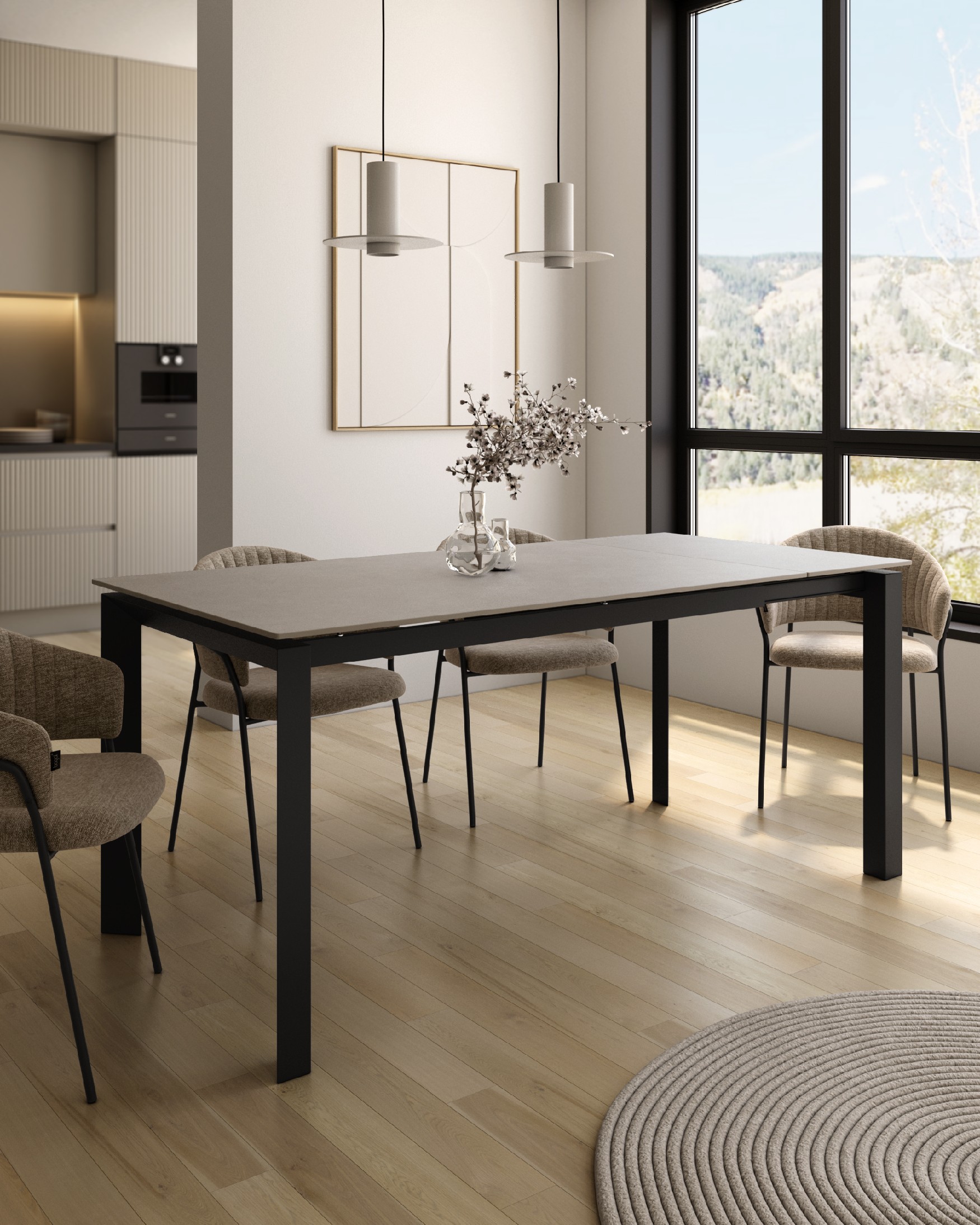 Table Júcar extensible avec finition porcelaine porland et structure métallique noire 160-210 x 90 cm