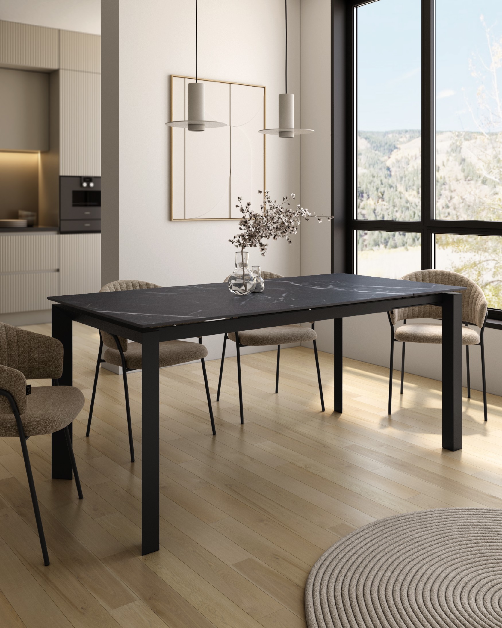 Júcar extendable table with Marquina porcelain finish and black metal structure 160-210 x 90 cm