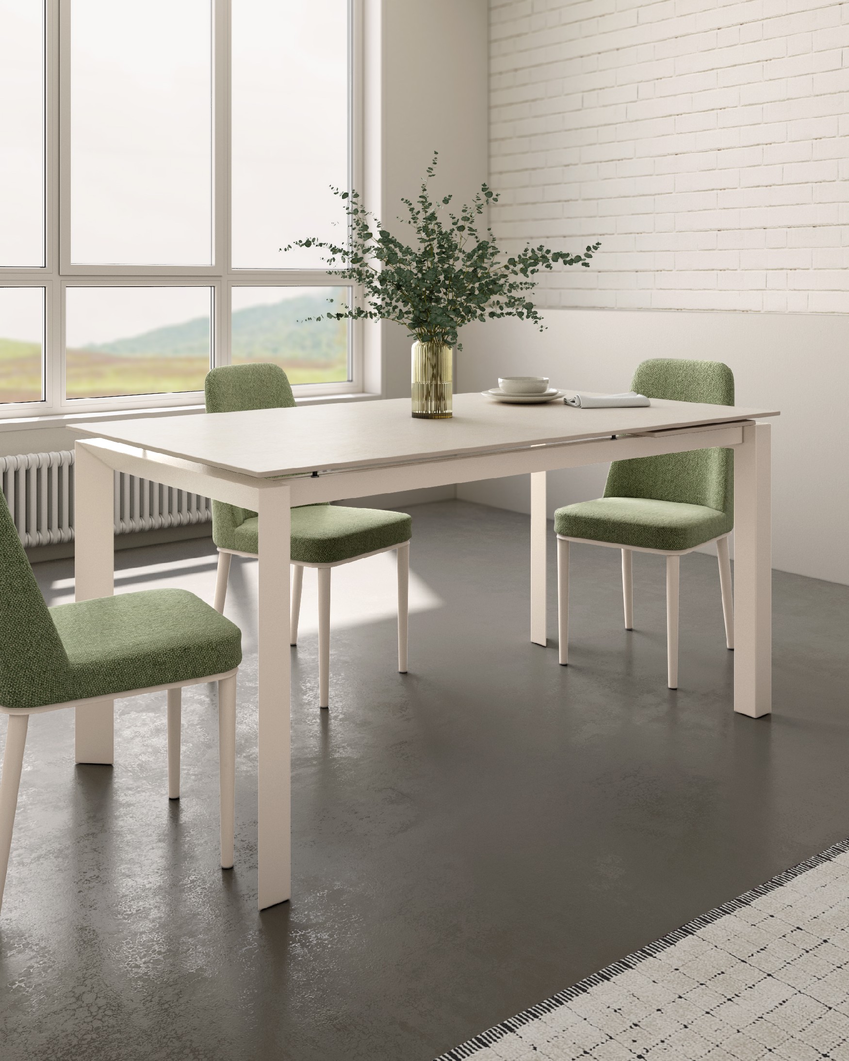 Júcar extendable table with sand porcelain finish and ivory metal structure 180-230 x 90 cm
