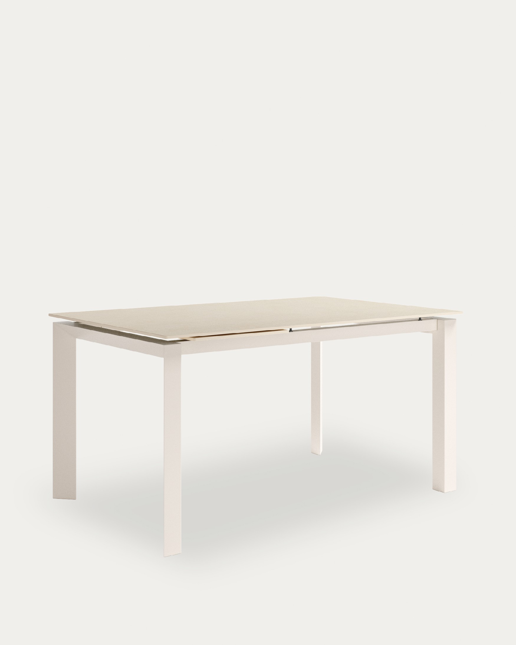 Júcar extendable table with sand porcelain finish and ivory metal structure 180-230 x 90 cm