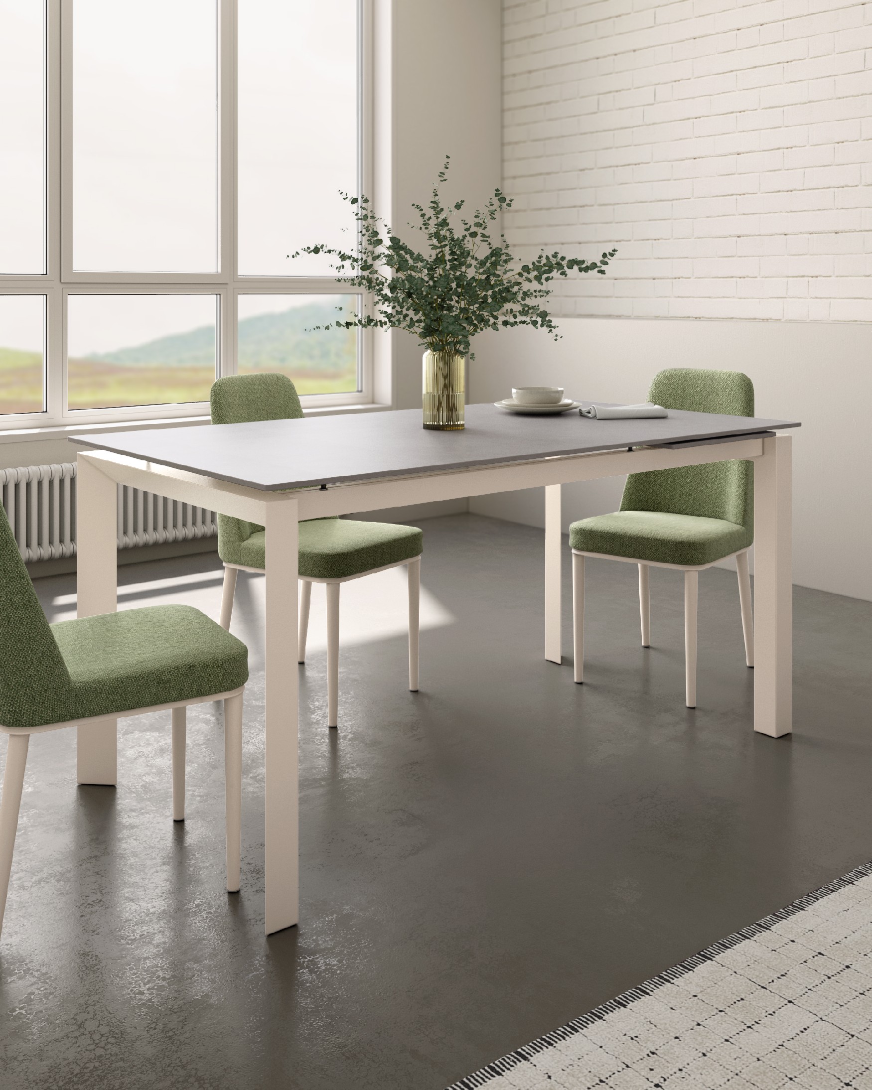 Júcar extendable table with Portland porcelain finish and ivory metal structure 180-230 x 90 cm