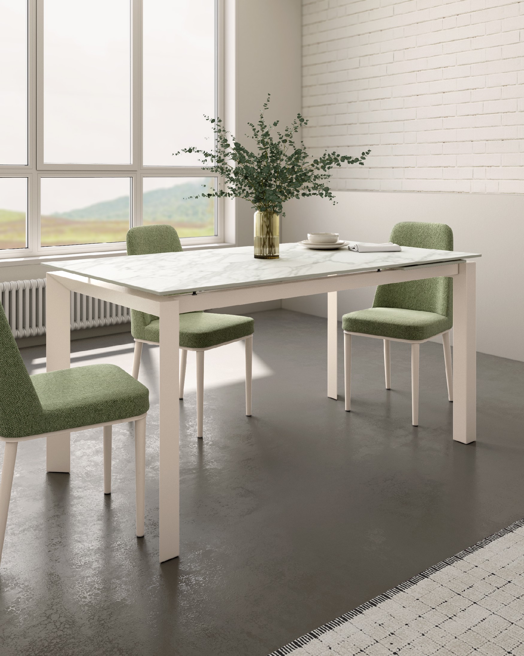 Mesa Júcar extensible con acabado porcelánico carrara y estructura metálica marfil 180-230 x 90 cm