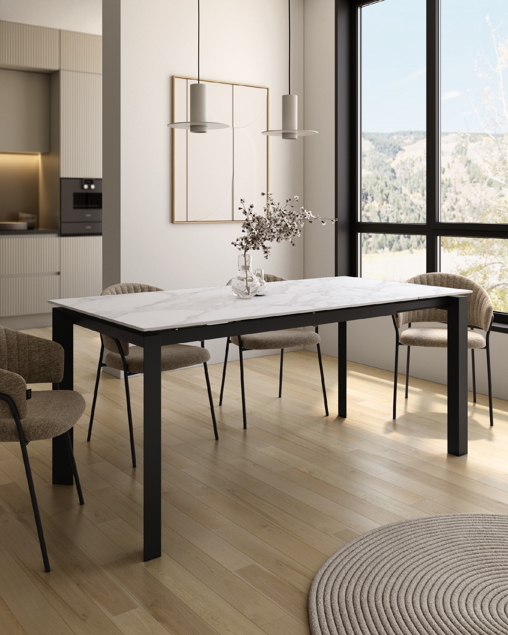 Table Júcar extensible avec finition porcelaine carrara et structure métallique noire 180-230 x 90 cm