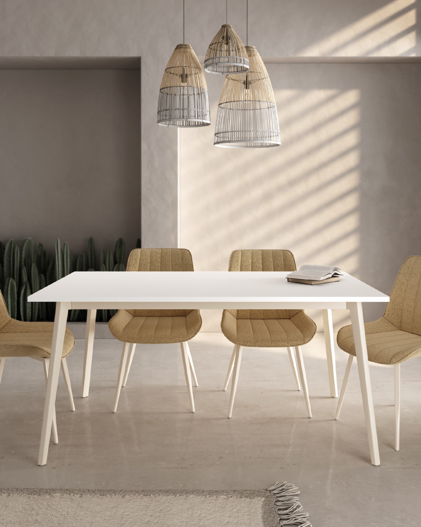 Table Kamba avec plateau en mélamine blanche extra et pied en métal ivoire 140x90 cm