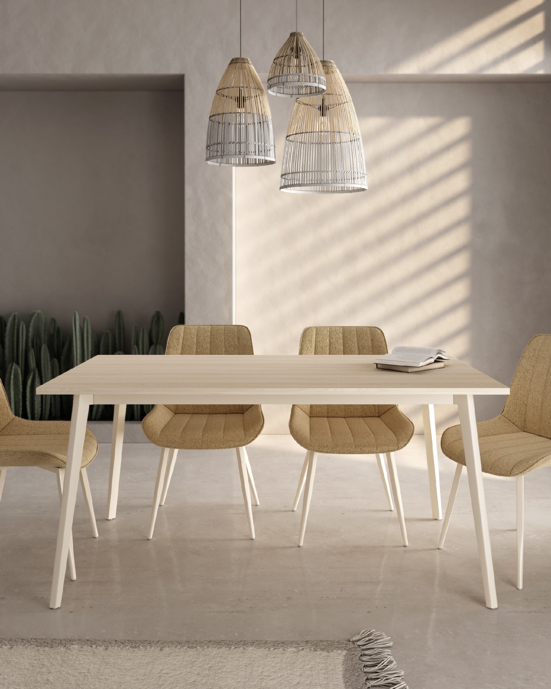 Table Kamba avec plateau en mélamine chêne et pied en métal ivoire 160x90 cm
