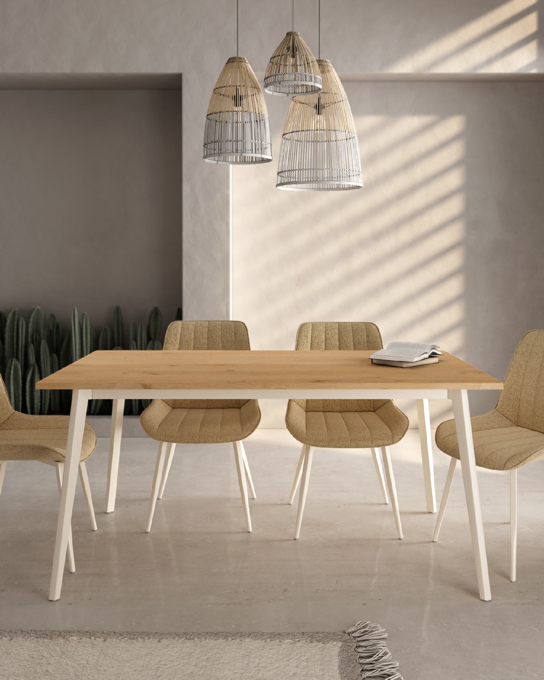 Kamba table with oak melamine top and ivory metal leg 140 x 90 cm