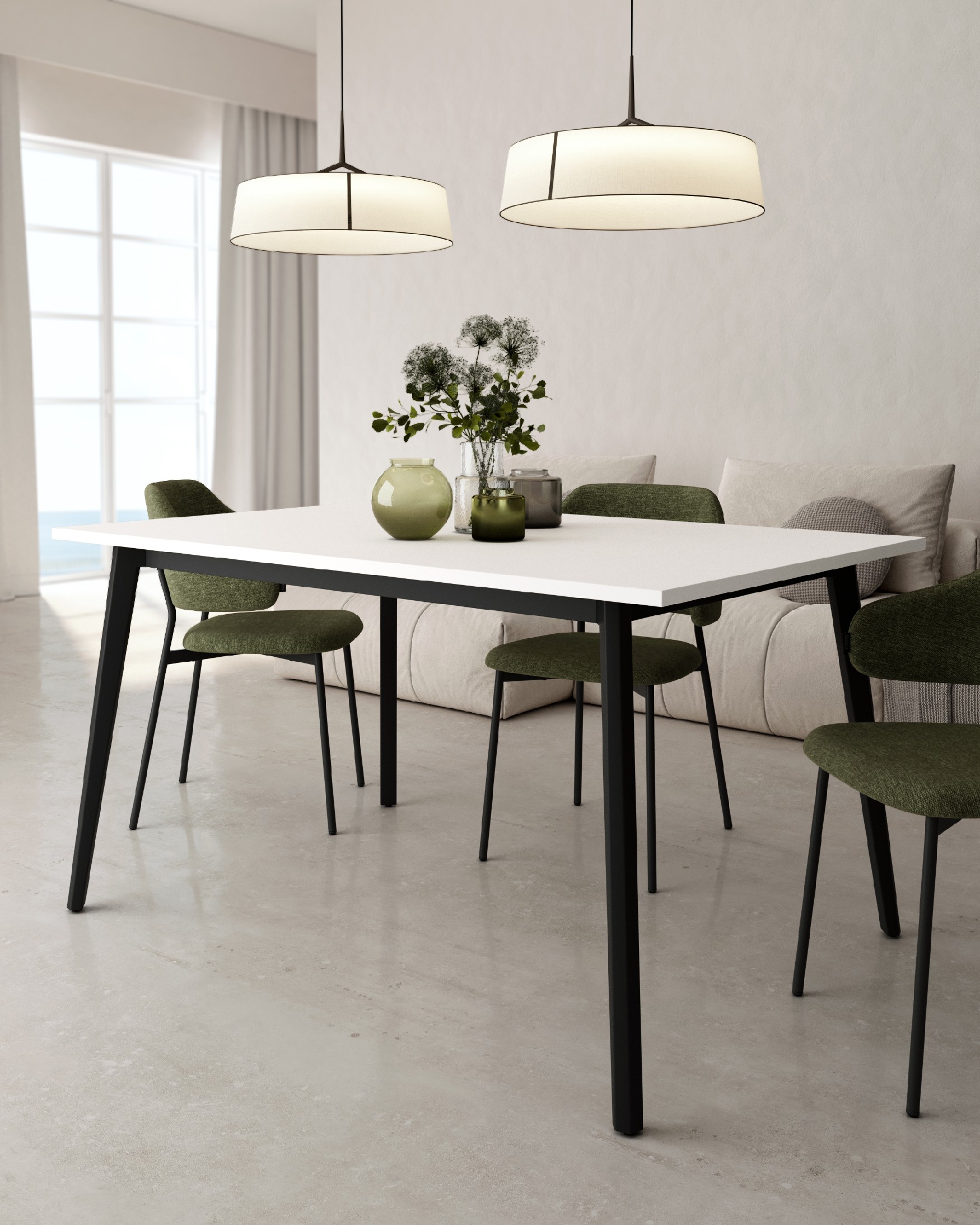 Mesa Kamba con sobre de melamina blanco extra y pata metálica negra 160x90 cm