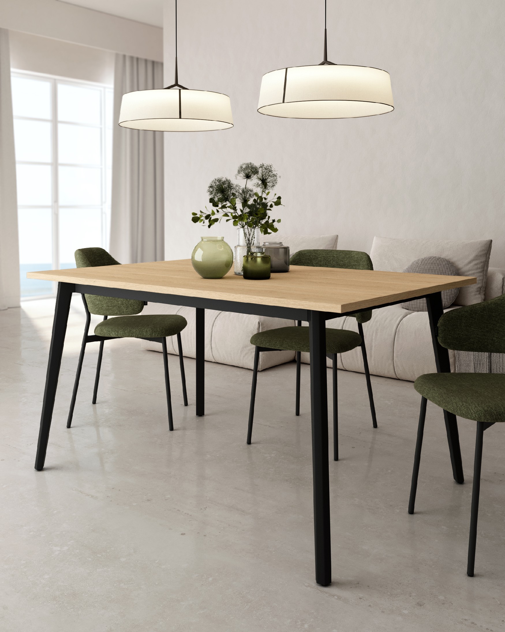 Kamba table with natural oak melamine top and black metal leg 160x90 cm
