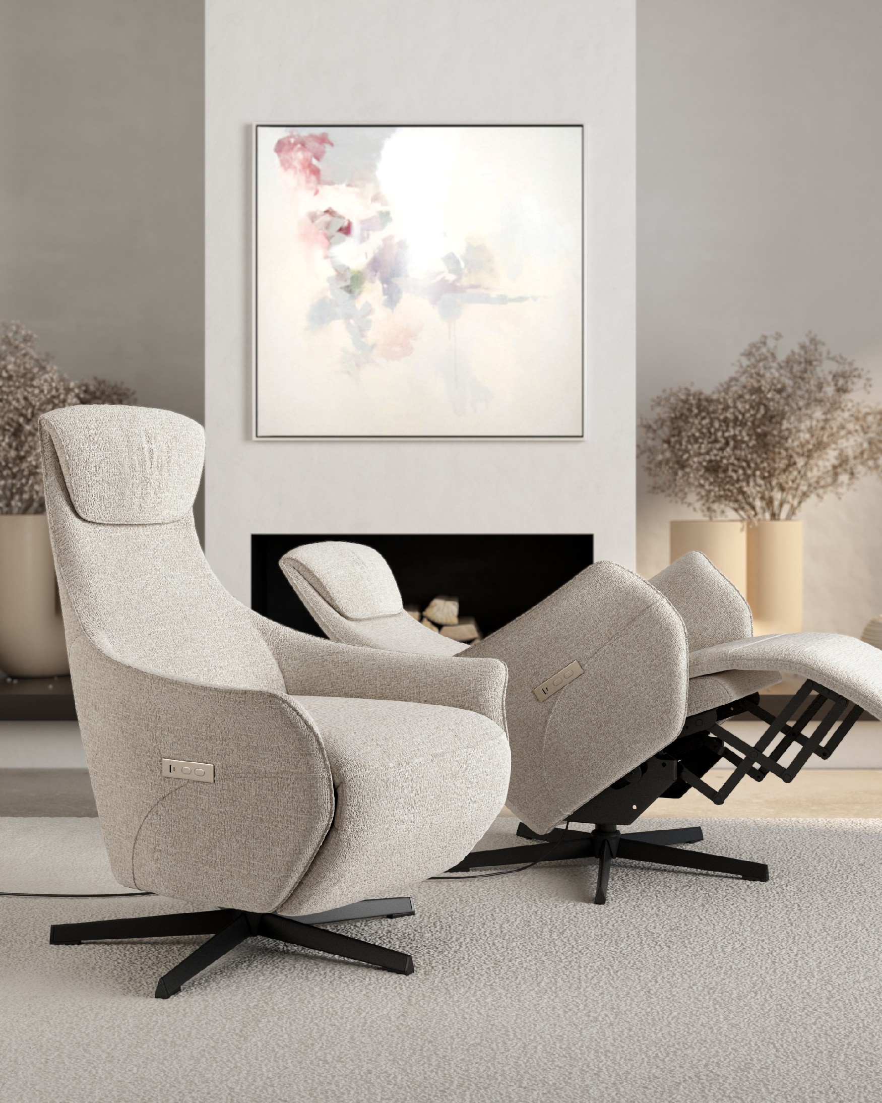 KAren electric swivel relax armchair with pearl upholstery and black metal base. Zero gravity.