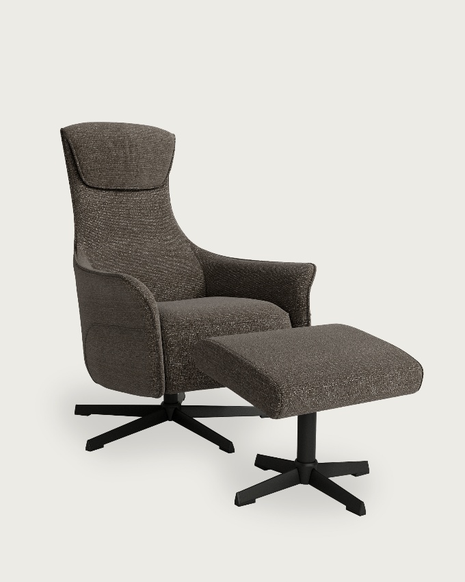 Kiara manual swivel recliner with anthracite upholstery and black metal leg. With ottoman.